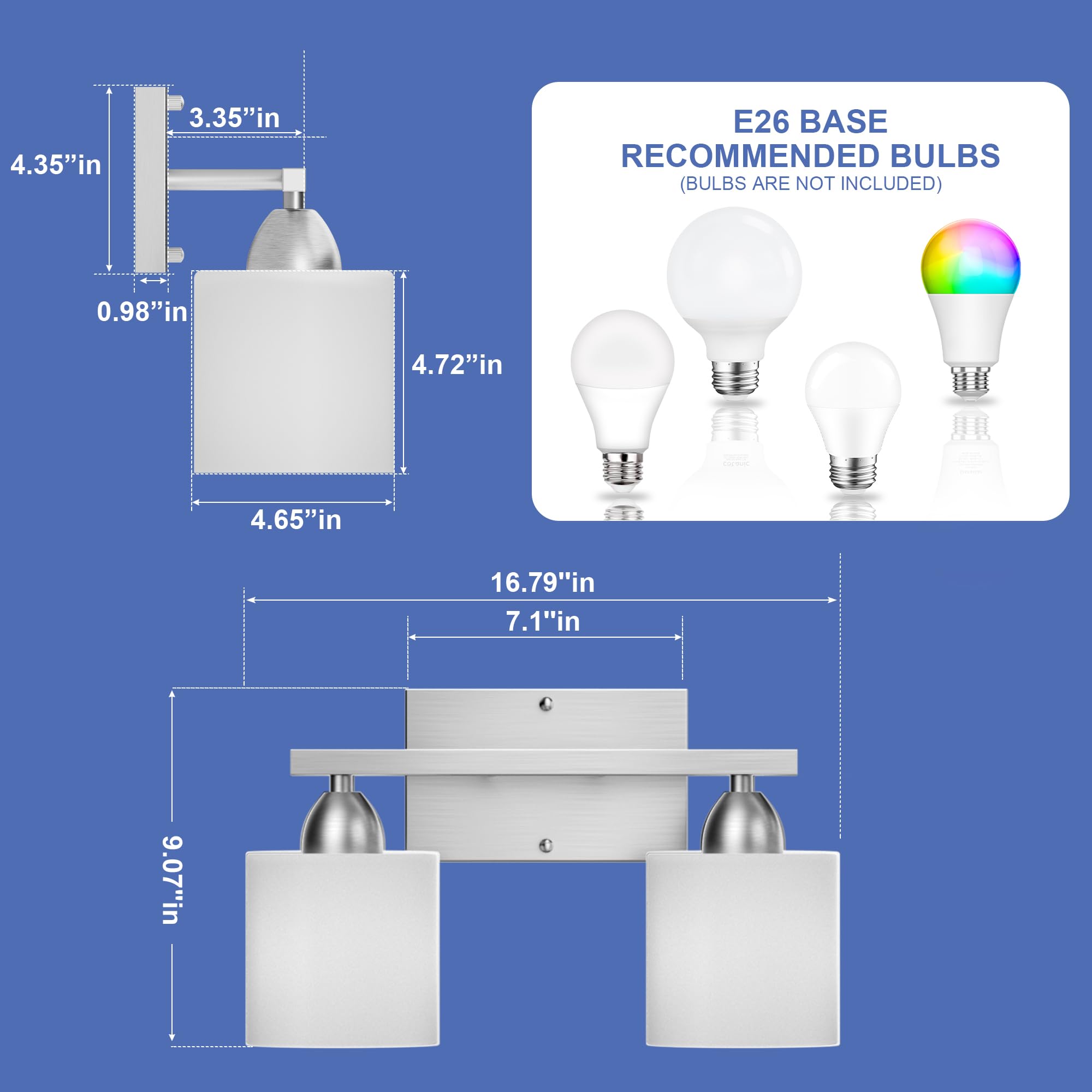 Bathroom Lighting Fixtures Over Mirror Brushed Nickel, Anti-Rust 3-Light Bathroom Vanity Lights, Modern 18Inches Wall Sconces E26 Base, Milky White Glass Shades, Bulbs Not Included