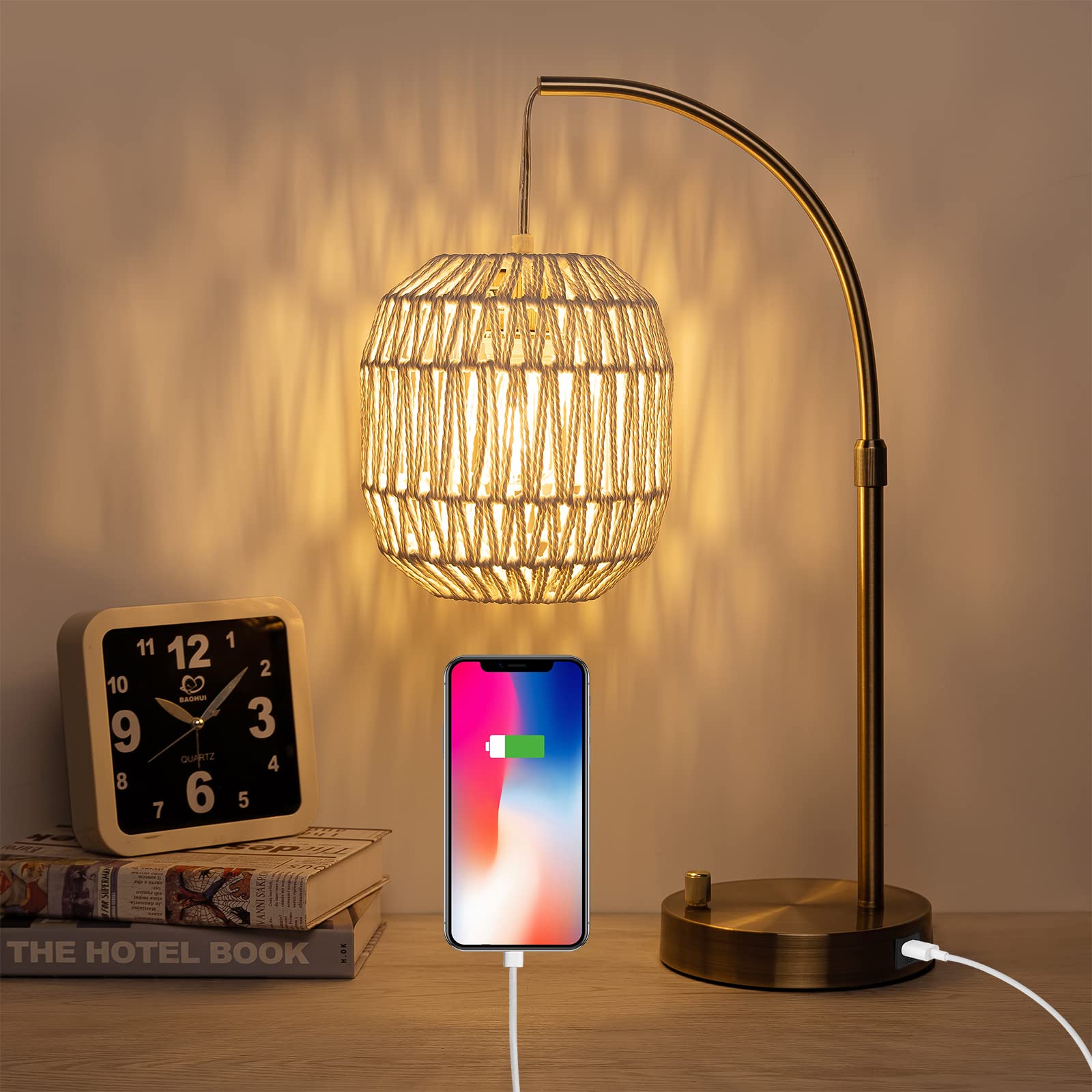 Tall Industrial Table Lamp for Bedroom with USB Port, Charging Farmhouse Coastal Lamps Black with Rattan Lamp Shade Edison Bedside Nightstand Lamp Boho Side Table Desk Lamps for Home Office