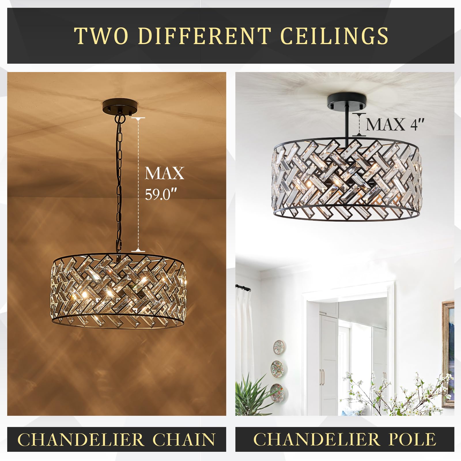 Gold Crystal Chandeliers, Modern Semi Flush Mount Chandelier 4-Ligh Drum Crystal Ceiling Pendant Light Fixture 12” for Foyer Entryway Kitchen Hallway Dining Room