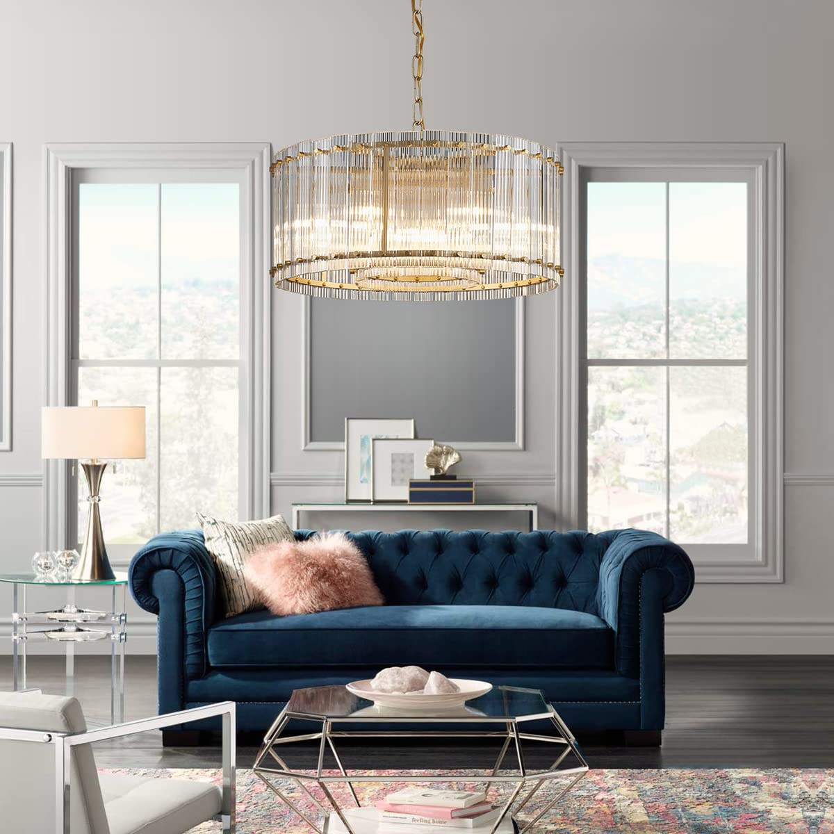 Saint Mossi 21032 Drum Chandelier Light Fixture, Doule Layer Middle Century Modern Design, with 5-Light, D18 x H10, Adjustable 59" Chains, Ripple Glass Shade & Gold Finish Metal Frame