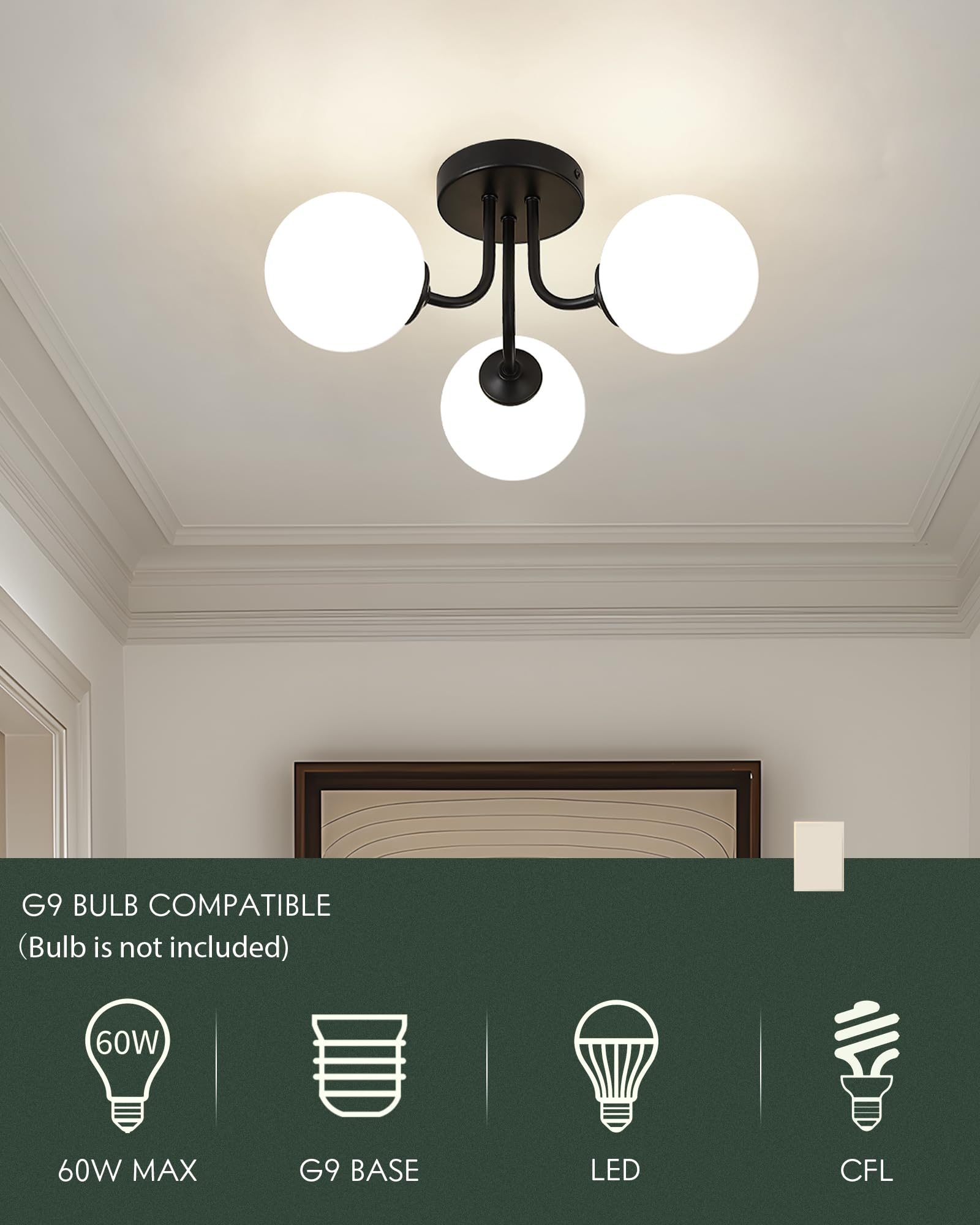 3-Light Black Ceiling Light Fixture, Industrial Semi Flush Mount Ceiling Light, Ceiling Light with Globe Frosted Glass for Kitchen Bedroom Hallway, CL4845-3W-BK