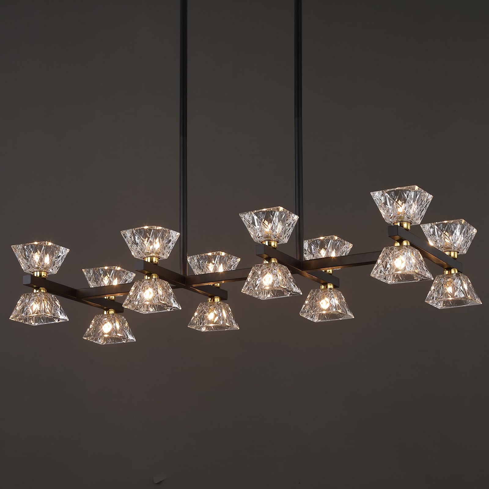 Black Modern Crystal Chandeliers,Farmhouse Rectangle 16-Light Dining Room Light Fixtures for Kitchen Island Bar Living Room UL Listed 𝐋𝟑𝟓.𝟓"