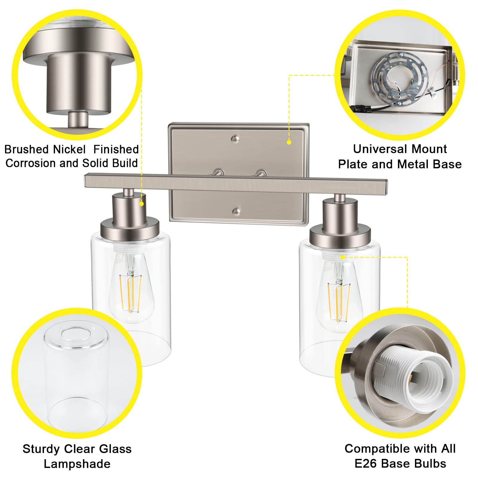 Ascher Bathroom Vanity Light Fixtures, 3 Light Wall Sconces Lighting with Clear Glass Shade, Brushed Nickel Wall Lights for Mirror, Kitchen, Living Room, Gallery, E26 Base (Bulbs Not Included)