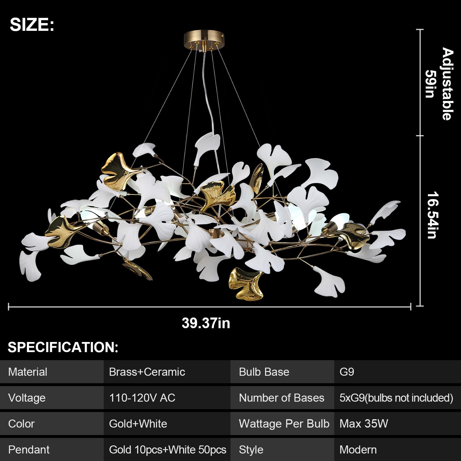 59 Inch White Rectangle Chandelier Ceramic Ginkgo Leaf Chandeliers Brass Large Chandeliers Modern Art Deco Chandelier for Dining Room Living Room,10-Light