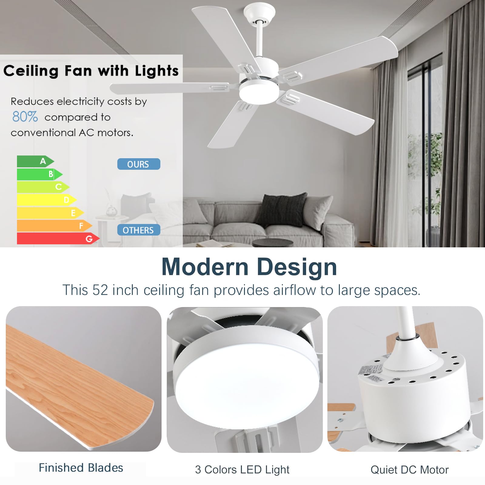 52 inch Modern White Ceiling Fans with Lights APP/Remote Control, Low Profile Reversible 6 Speeds Ceiling Fan Light for Indoor/Outdoor Patio Bedroom Living Room