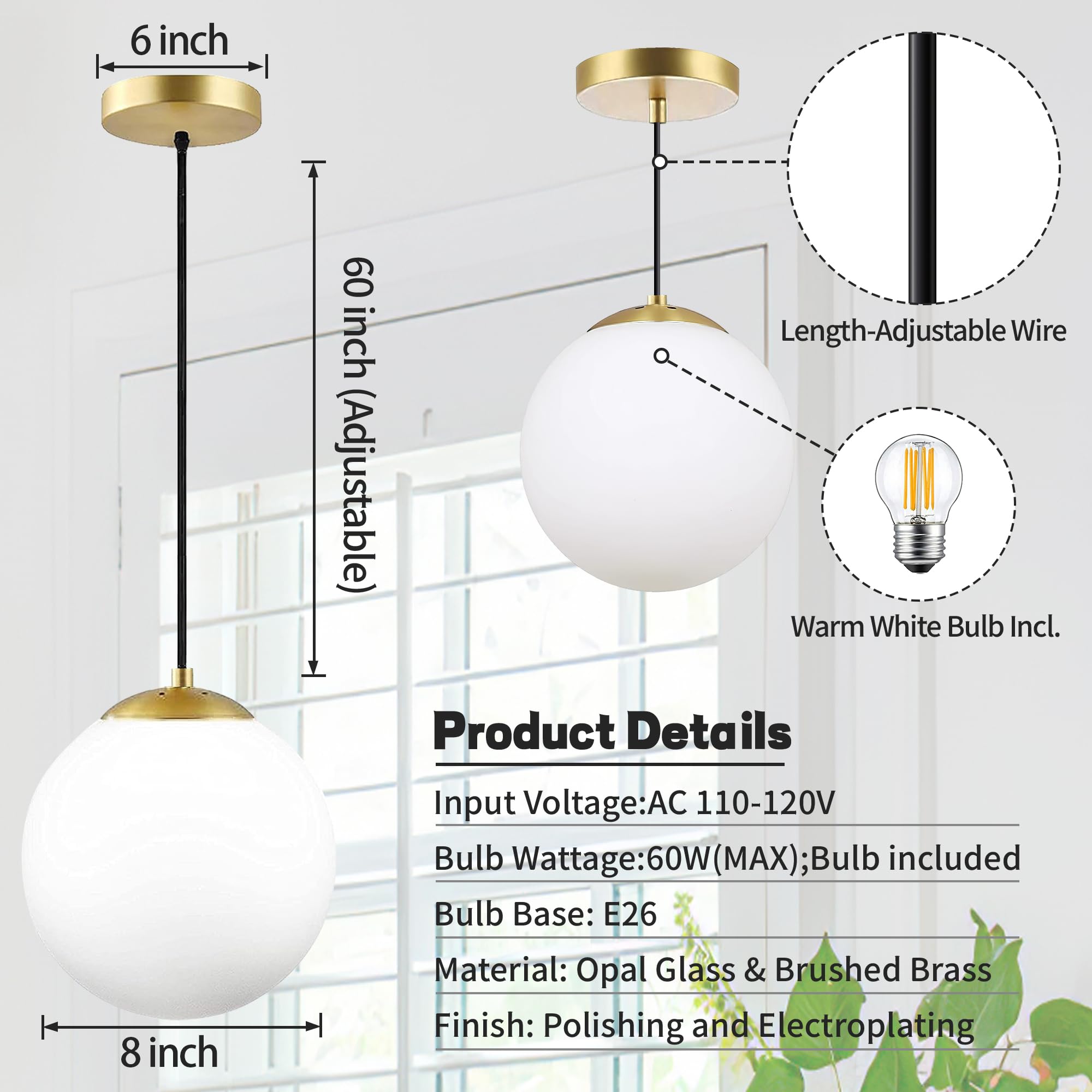 6-inch Mini Modern Globe Pendant Light Clear Glass with Brass Finish Contemporary Mid Century Adjustable Hanging Light Fixture for Living Room Bedroom Kitchen