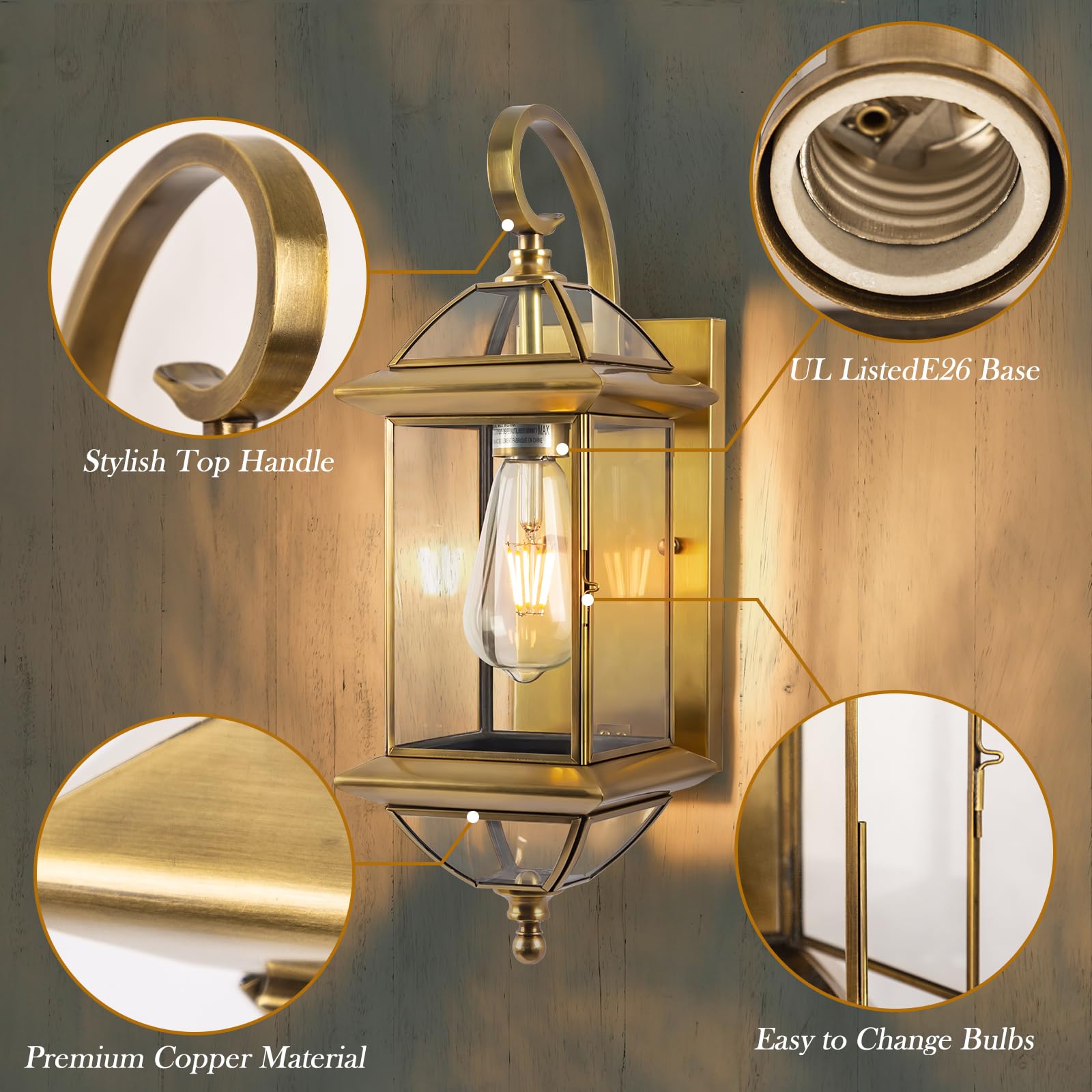 Gold Copper Wall Light Fixture Outdoor 18 Inch, Large Oil Rubbed Brass 100% Solid Copper Outside Wall Mounted Porch Lantern with Clear Glass, Golden Classic Exterior Sconce for Patio Garage Front Door