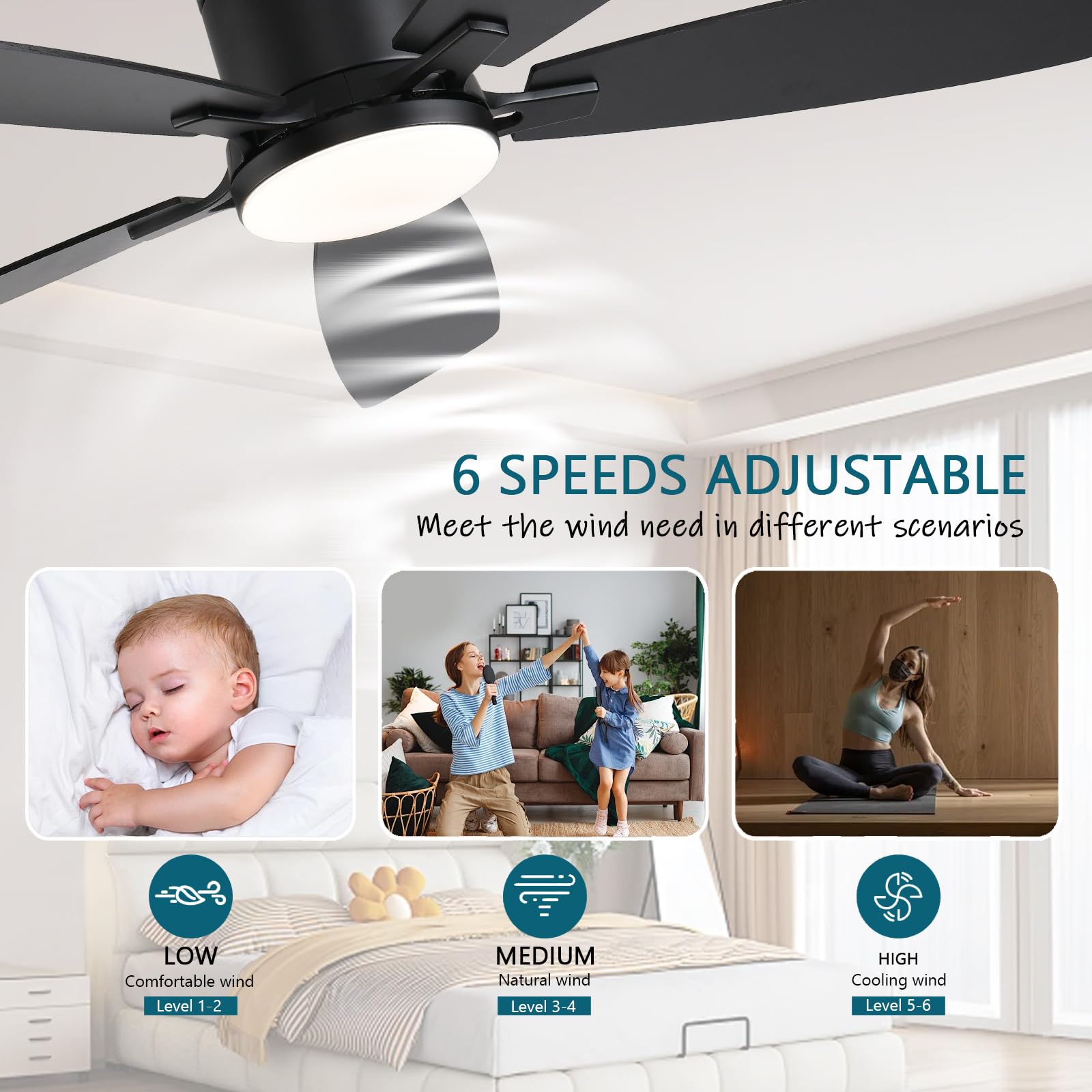 Ceiling Fans with Lights, 52 inch Low Profile Ceiling Fan with Light and Remote Control, Flush Mount, Reversible Motor, Dimmable, Noiseless, White Ceiling Fan for Bedroom, Indoor/Outdoor Use