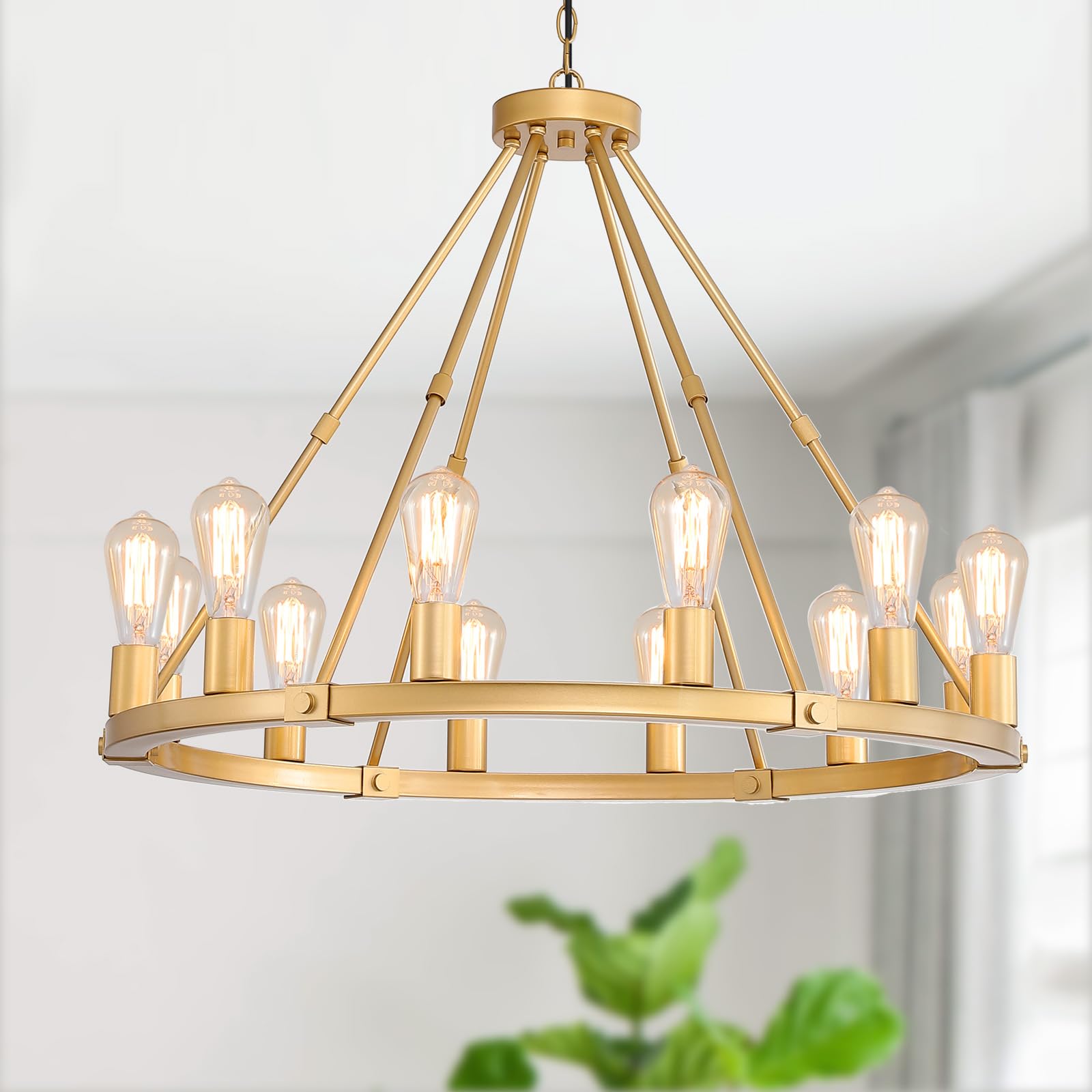 Gold Wagon Wheel Chandelier, 12-Light Industrial Pendant Light, 31.5'' Farmhouse Ceiling Hanging Chandelier Light Fixture for Living Room, Bedroom, Entryway, Foyer