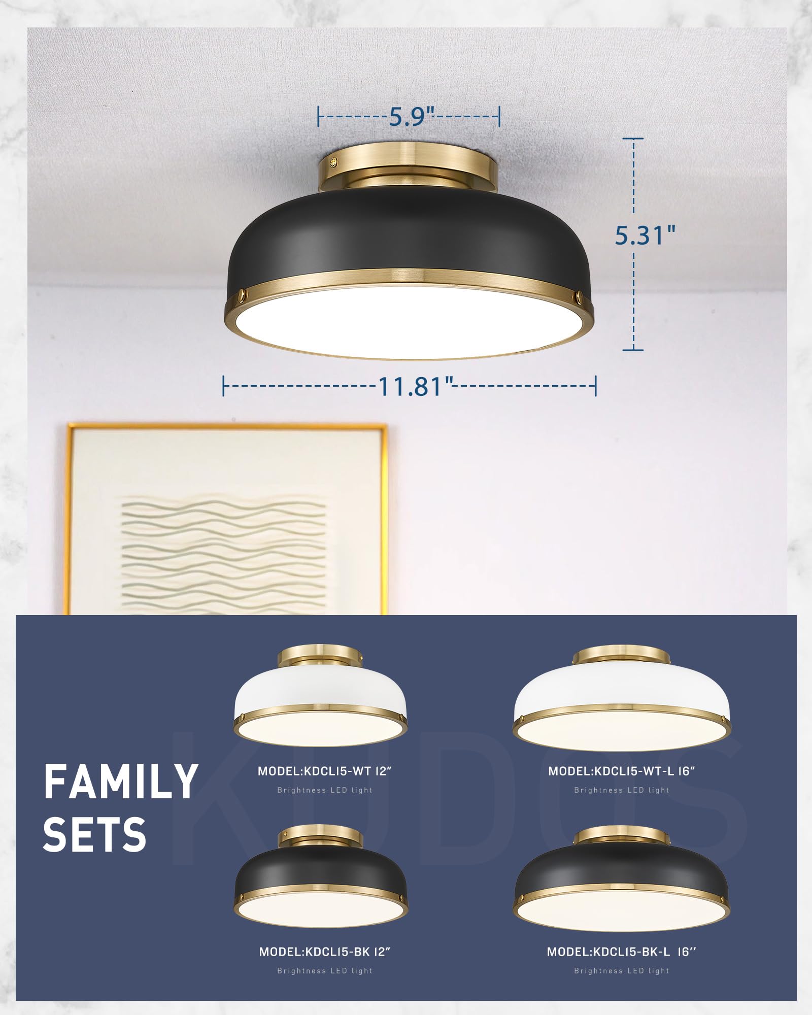 Ceiling Light, 12-inch LED Flush Mount Ceiling Light, Black and Gold Finish, 24W/1100lm Light Fixtures ceiling mount for Living Room, Bedroom, 3000K/3700K/4500K/5100K/6000K Adjustbale, KDCL15-BK