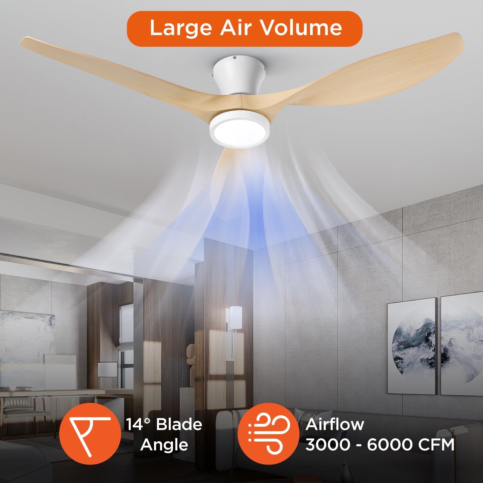 52 inch Ceiling Fans with Lights Remote Control, Modern Low Profile Ceiling Fan with Quiet Reversible DC Motor for Bedroom Living Room and Patio White