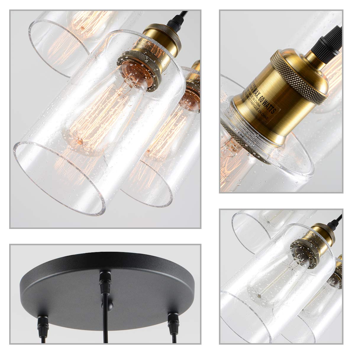 3-Light Black Pendant Light, Modern Farmhouse Seeded Glass Shade Cluster Chandelier Hanging Lamp Fixture for Dining Room Kitchen Island Entryway Black and Gold