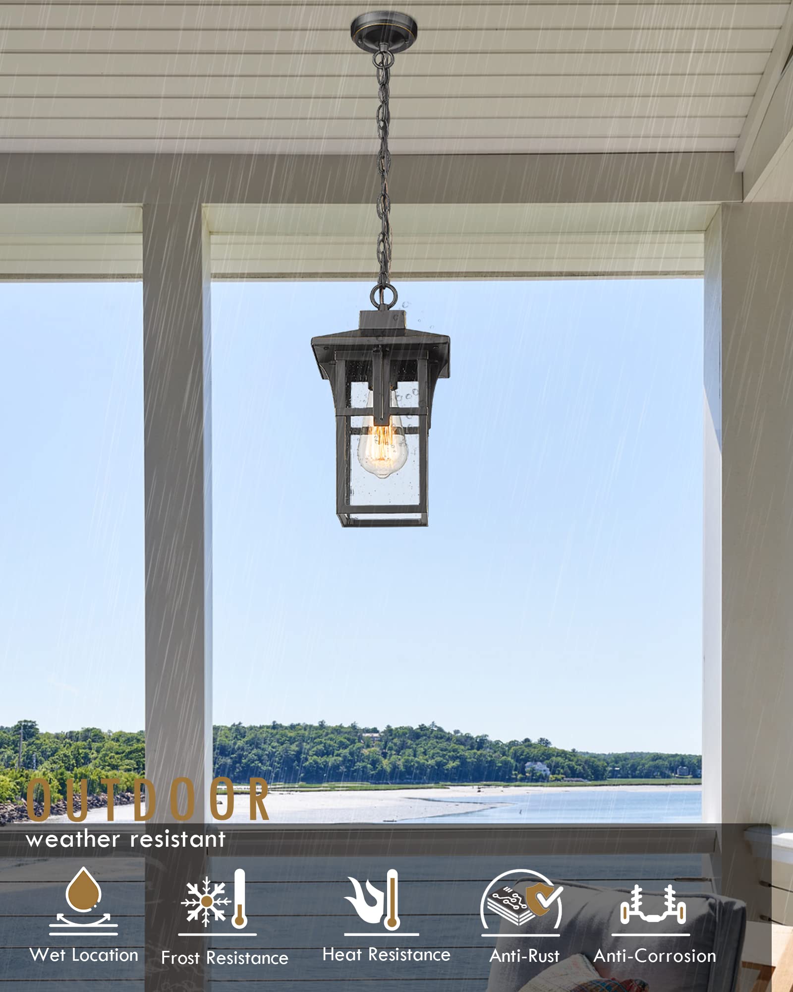 Outdoor Pendant Lights for Porch, HWH Exterior Hanging Porch Light, Farmhouse Outdoor Pendant Lighting with Height Adjustable Chain, Seeded Glass Shade, Matte Black Finish with Gold Edge, 5HX62H BG