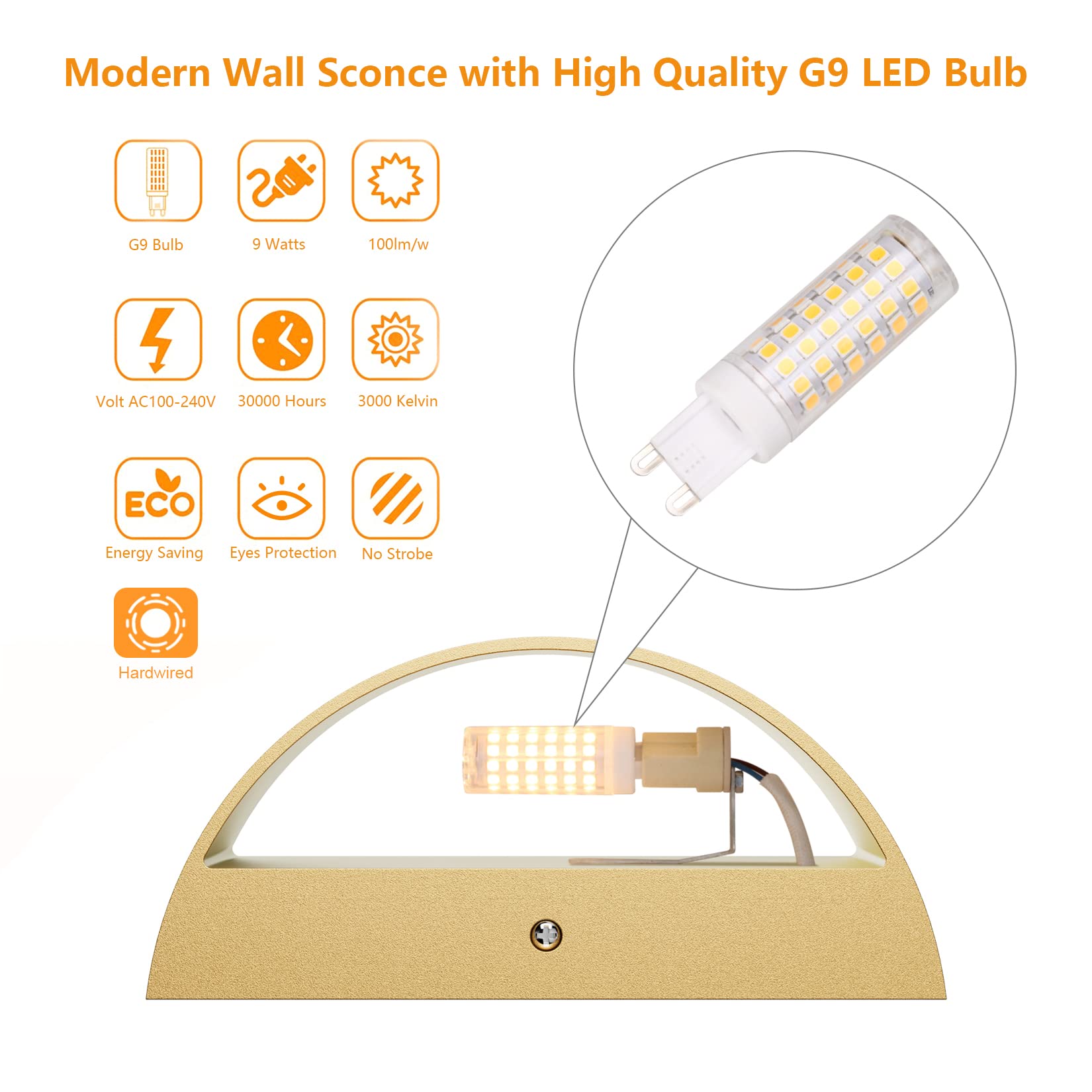 Black Modern LED Wall Sconce Indoor Wall Lights 1 Pack Hardwired Up and Down Wall Mount Light for Living Room Bedroom Hallway Corridor Conservatory Warm White 3000K(with G9 Bulbs)