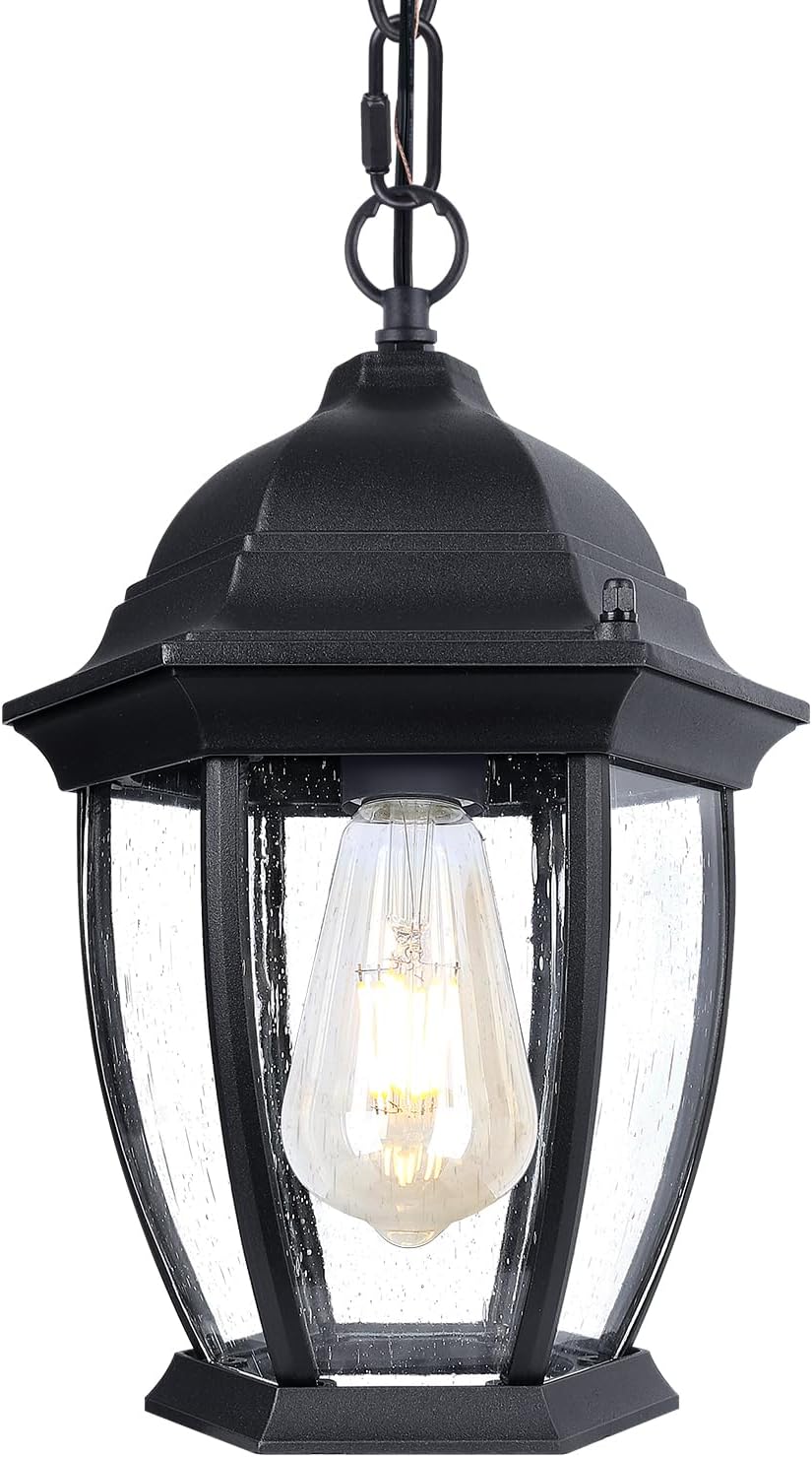 12" High Outdoor Pendant Light Fixture, Exterior Hanging Porch Lantern with Adjustable Chain, Aluminum Ceiling Lights with Seeded Glass for Outdoor and Indoor Use