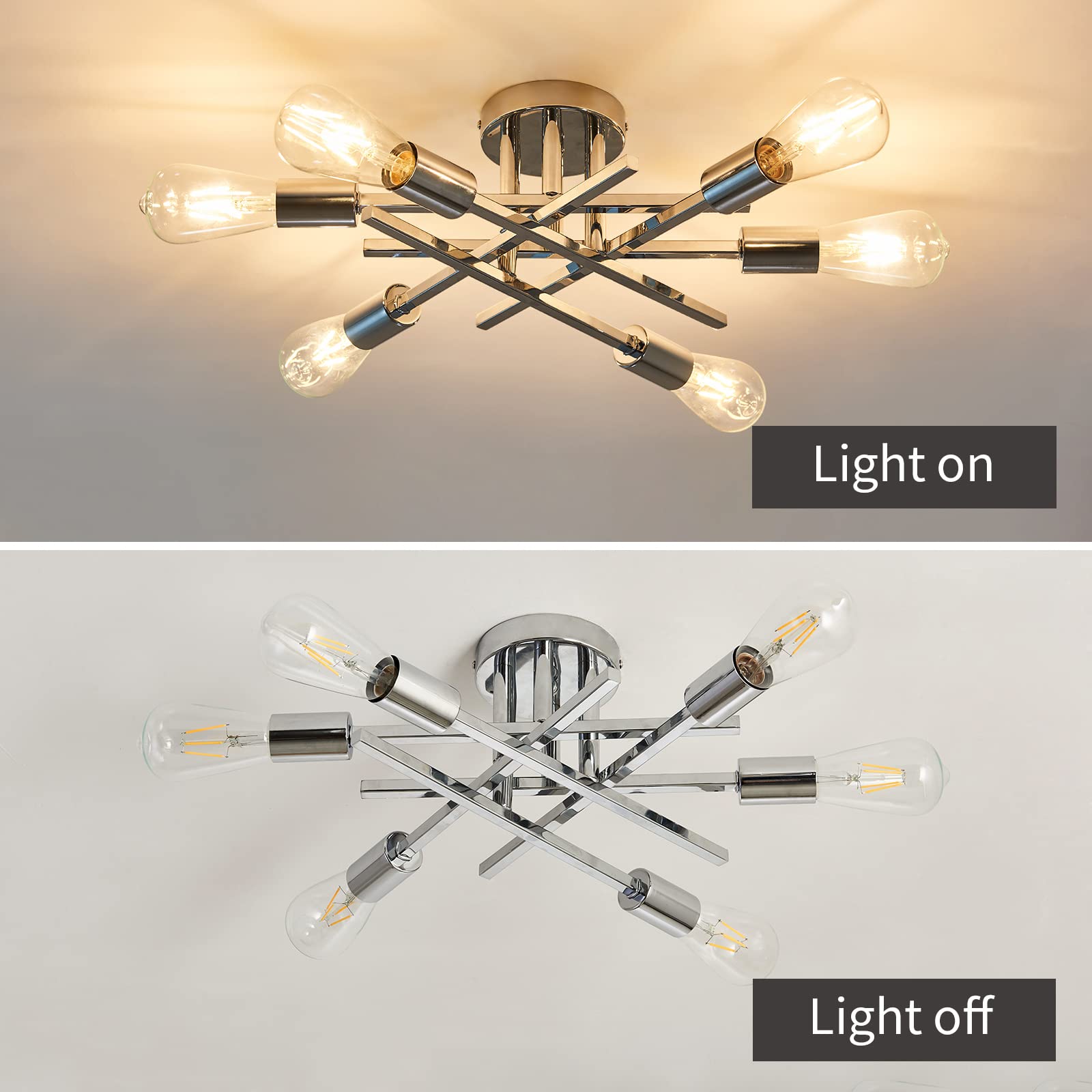 Semi Flush Mount Modern Ceiling Light Fixture， 6 Lights Black Vintage Matte Sputnik Chandelier Ceiling Lamp with E26 Bulb Base for Farmhouse Dining Room Living Room Bedroom Study Kitchen