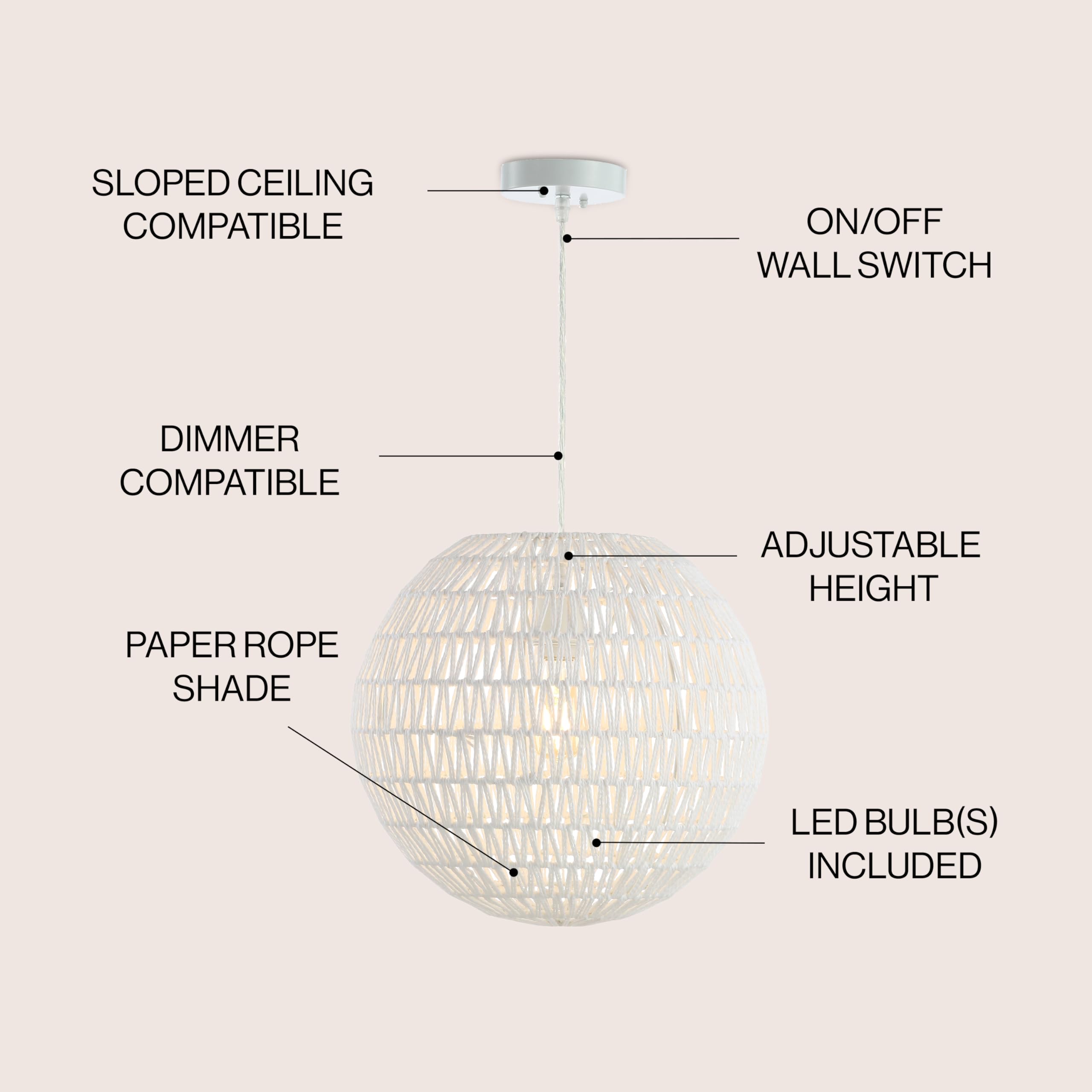 15.7" Woven Rattan Orb LED Pendant Minimalist Modern Contemporary Transitional Bohemian Modern Dimmable Adjustable Dining Room Living Room Kitchen Foyer Bedroom Hallway, White