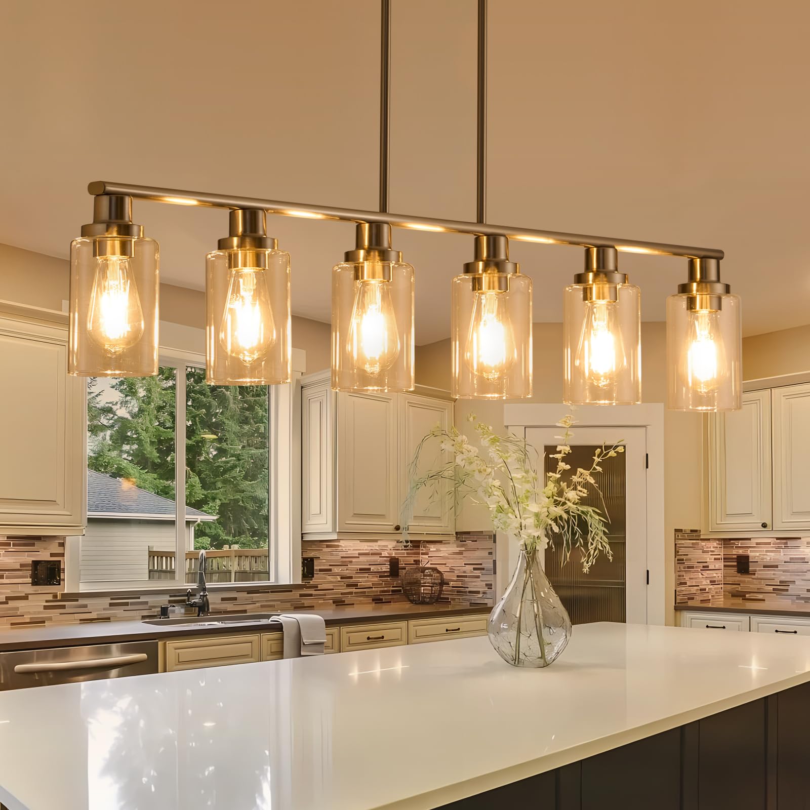 Kitchen Island Lighting, 4-Light Dining Room Light Fixtures Over Table, Gold Linear Chandelier for Dining Room Hanging,Pendant Lights Kitchen Island,with Clear Glass Shade,Height Adjustable