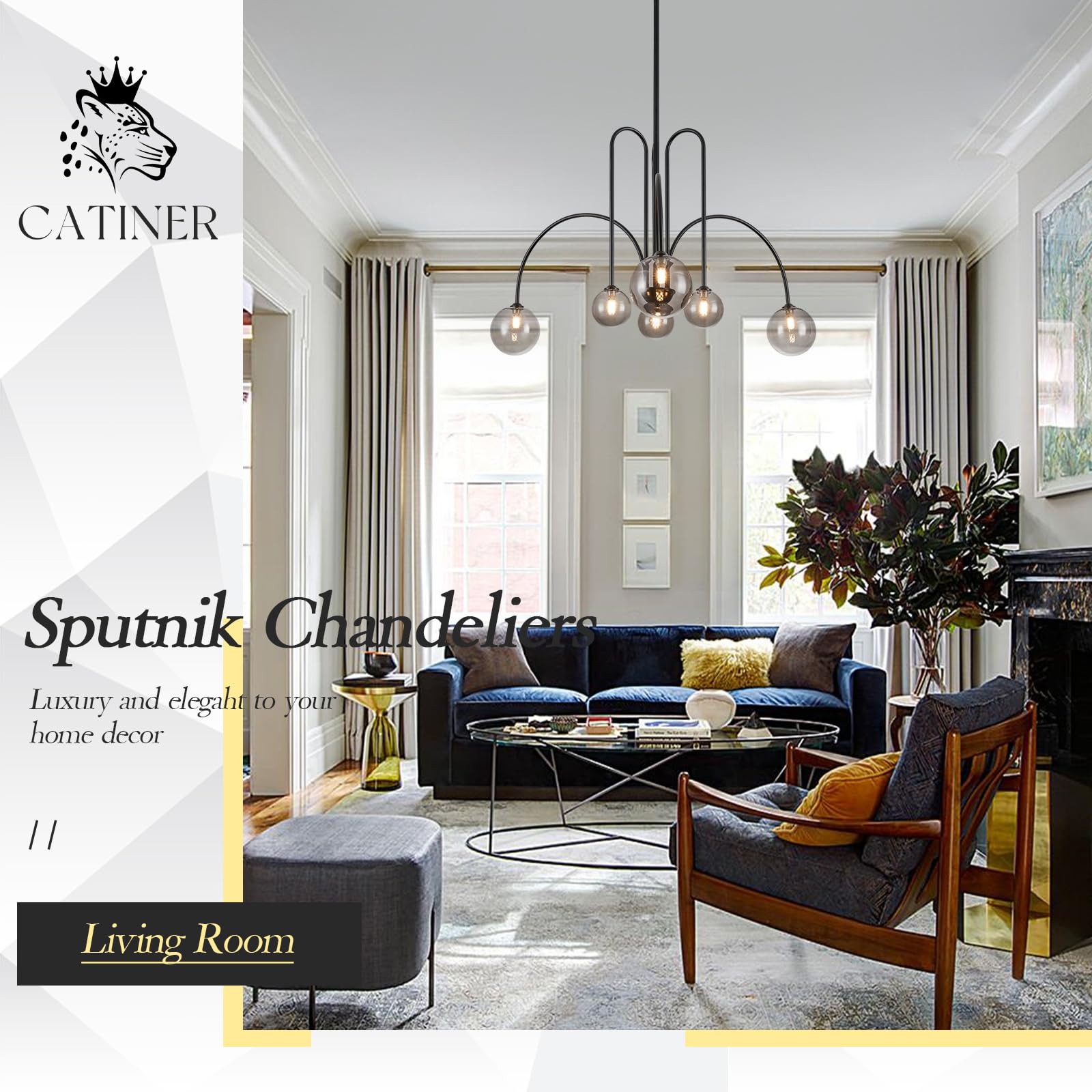 Gold Sputnik Chandeliers for Dining Room,Mid Century Crystal Glass Chandeliers 6 Lights Modern Ceiling Pendant Light Fixtures Iceberg Shape for Living Room Kitchen Island Bedroom