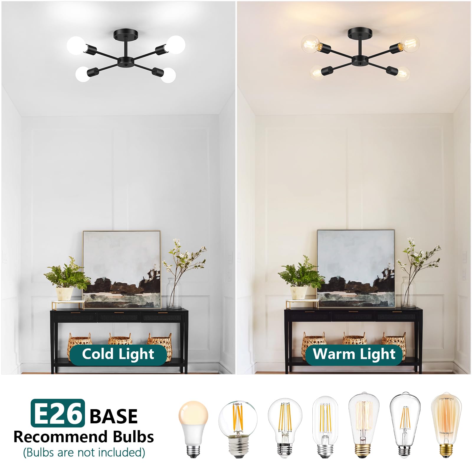 6-Lights Semi Flush Mount Ceiling Light, Matte Black Close to Ceiling Lighting with E26 Base, Modern Sputnik Light Fixtures for Kitchen Dining Room Bedroom Living Room