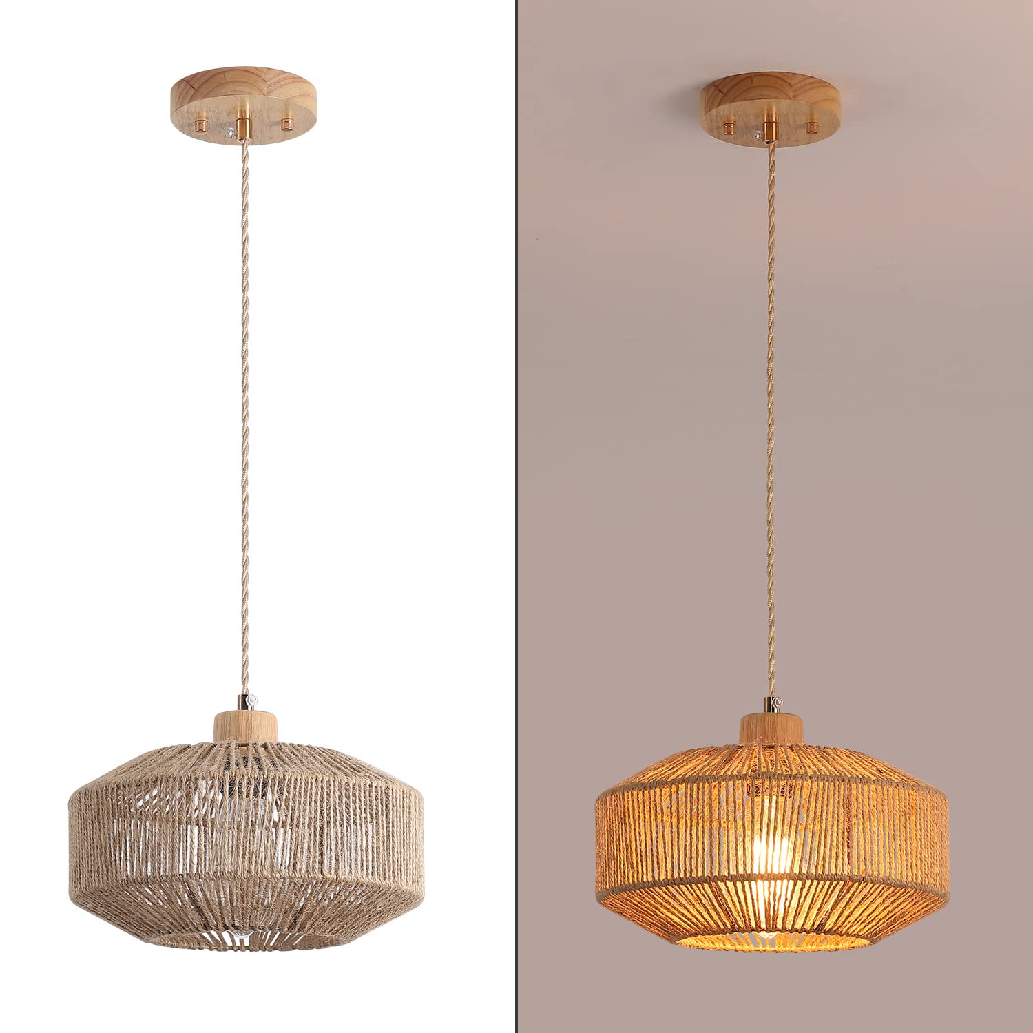 Coastal Large Woven Pendant Light Fixture 17.8 inch One-Light Adjustable Natural Hemp Rope Cage Pendant Lighting for Kitchen Island Dining Room Living Room Farmhouse