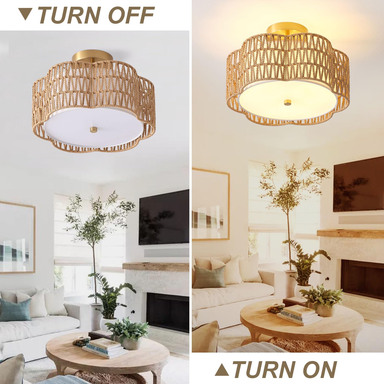 Rattan Ceiling Light Fixtures Flush Mount,3-Light Boho Light Fixtures Ceiling Mount for Bedroom,Close to Ceiling Light Modern Rattan Chandelier Lighting for Hallway Kitchen Dining Room(Yellow)