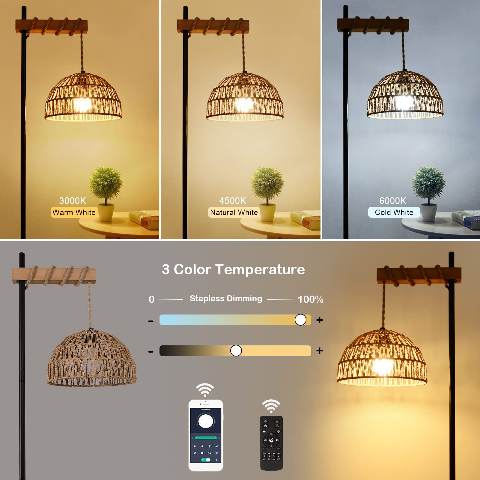 Floor Lamp for Living Room with 3 Color Temperatures and Stepless Dimmer, Smart Floor Lamp with Remote Control & APP, Tall Standing Lamp with Rattan Lampshade, Farmhouse Floor Lamps for Bedroom Office