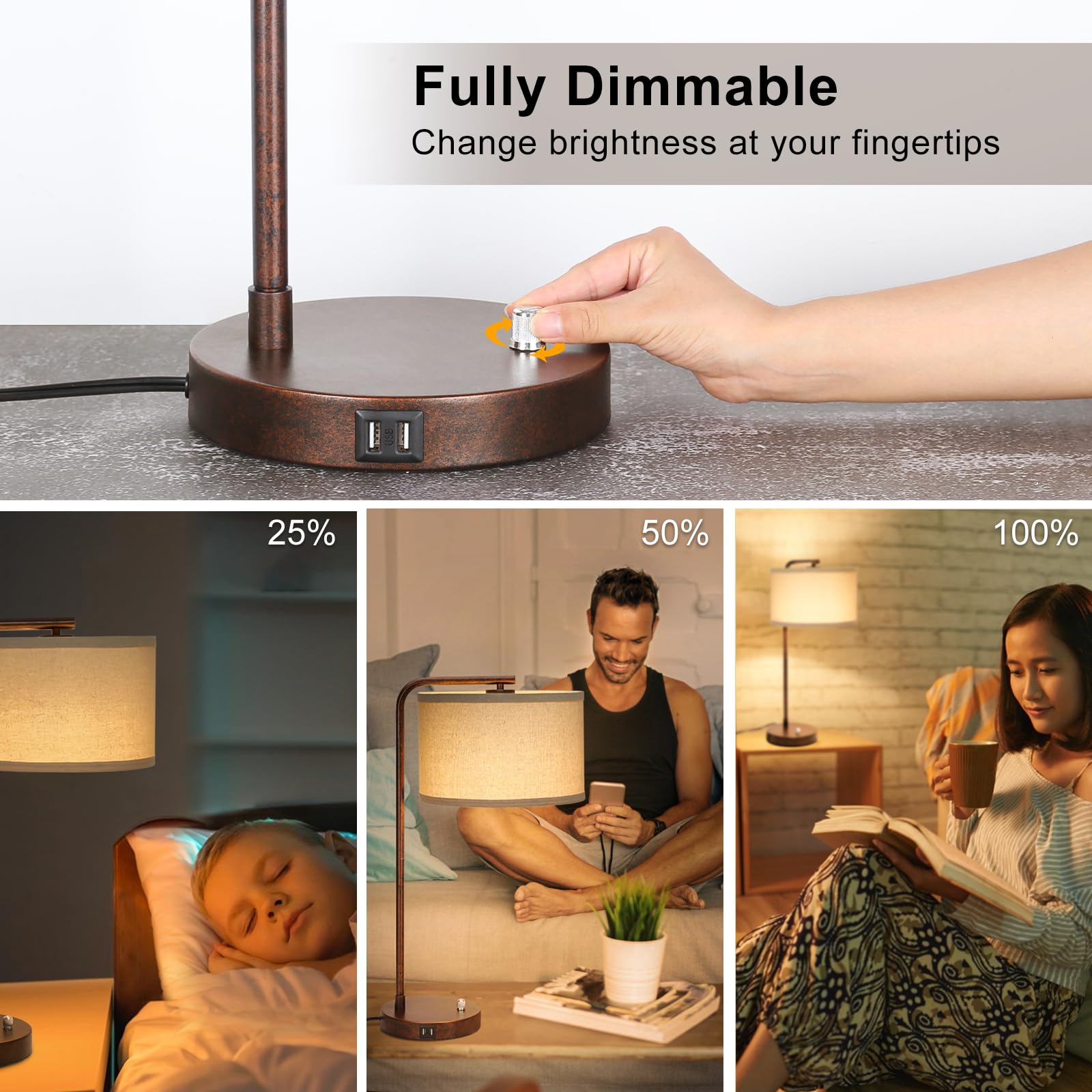 USB Bedside Lamp, Industrial Side Table Lamp with Dual USB Charging Ports, Fully Dimmable Nightstand Lamp, Tall Reading Lamp Desk Lamp for Bedroom, Living Room, Office, 9W LED Bulb Included