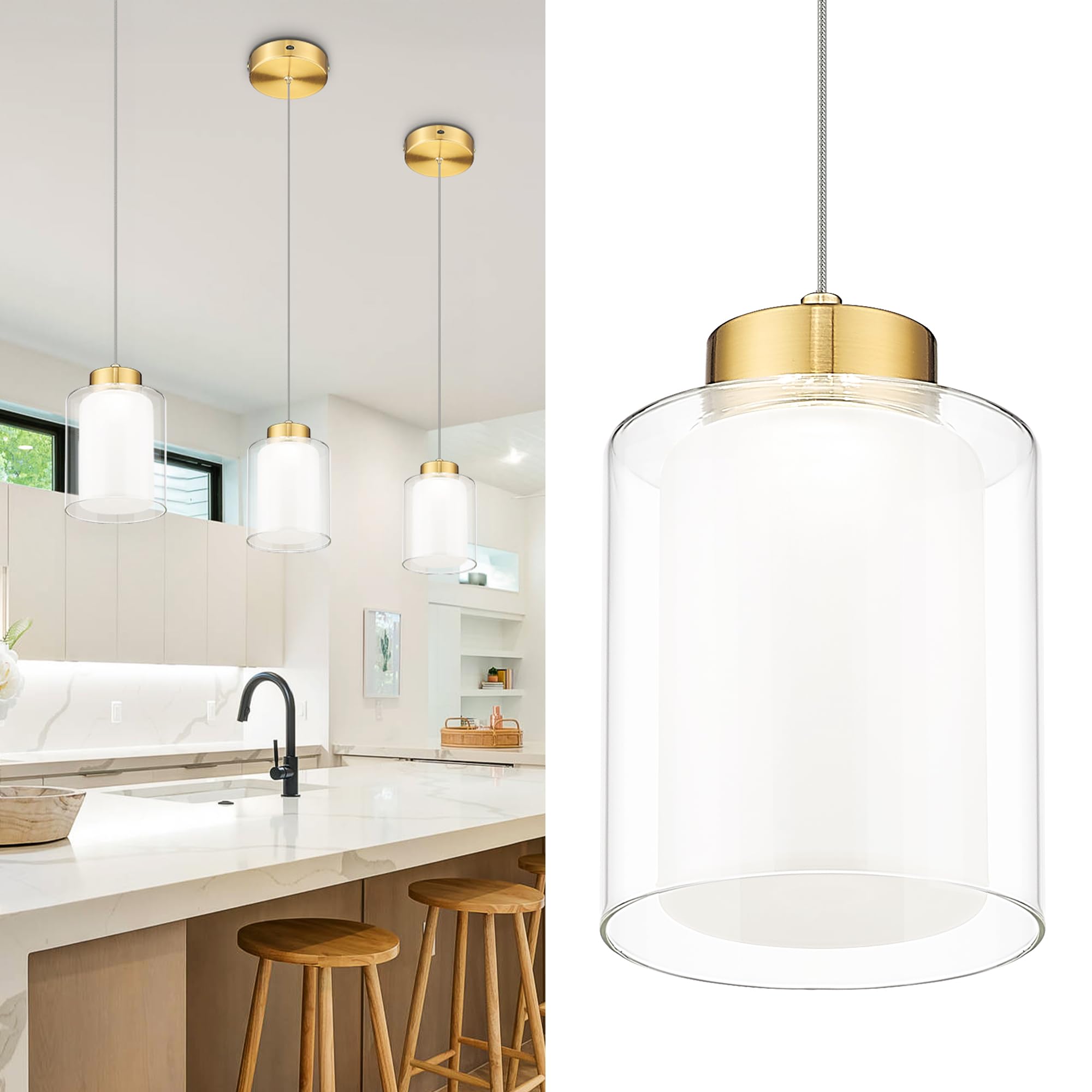 Black Pendant Light Fixtures, 3-Light Led Pendant Lights with Dual Glass Shade, Modern Cluster Hanging Lights for Kitchen Island, Bedroom, Dining Room, 3CCT Adjustable KDPL04-BK-3L