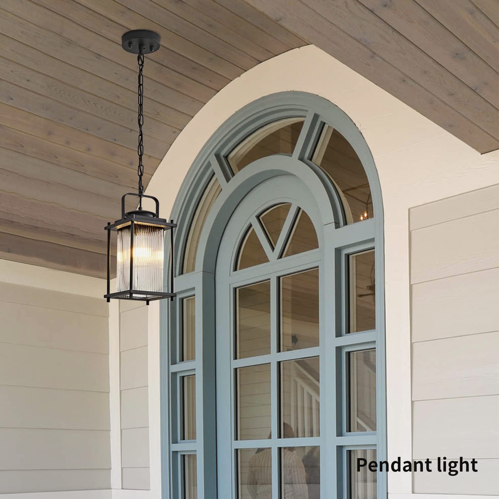 Outdoor Hanging Porch Light Waterproof Black and Gold Outdoor Pendant Lights Outdoor Chandelier with Striped Glass for Porch Entryway and Front Door.