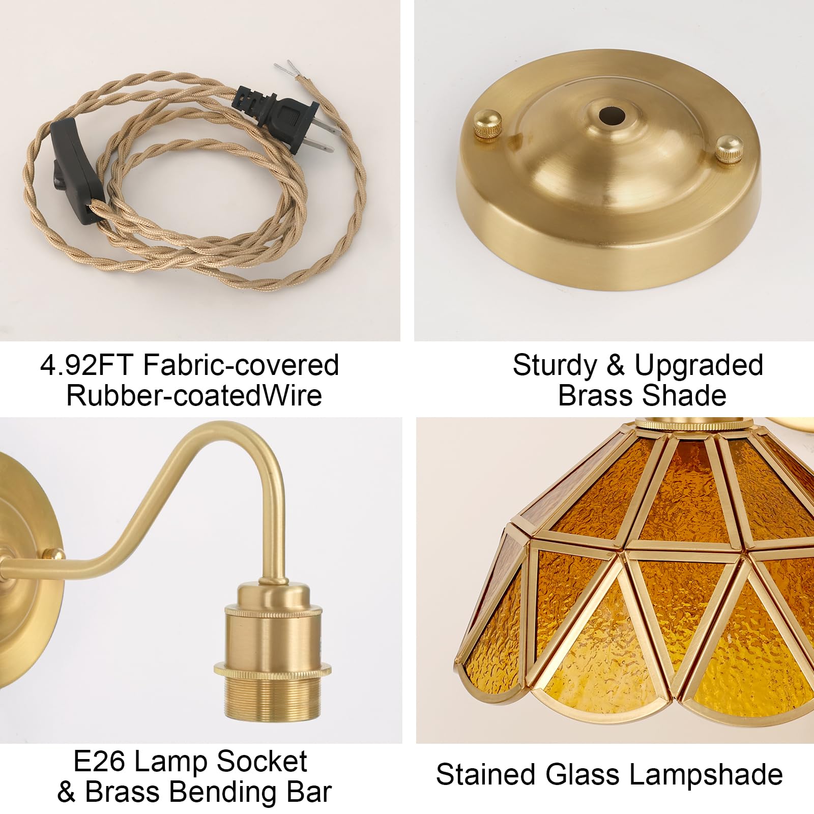 Wall Sconce, Wall Mounted Lamps with Green Checker Sconce, Stained Glass Shade Brass Wall Lights Fixture with Plug in Cord and Switch for Bedroom Bathroom Living Room Hallway