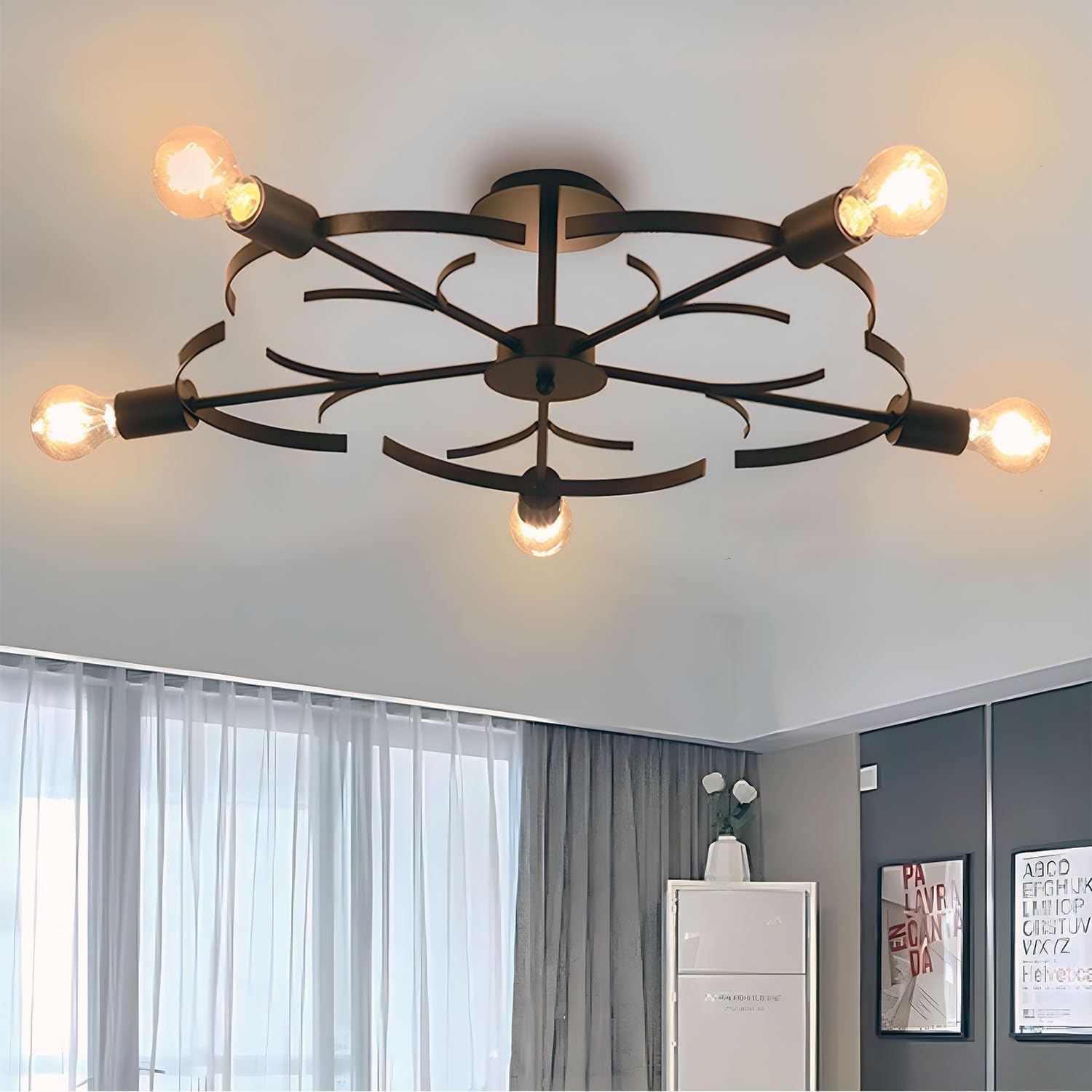 Semi Flush Mount Ceiling Light, Modern Black Metal Dining Room Light Fixture with Flower Shape, E26 Mid Century Close to Ceiling Light Fixtures for Living Room Bedroom Kitchen 5 Lights