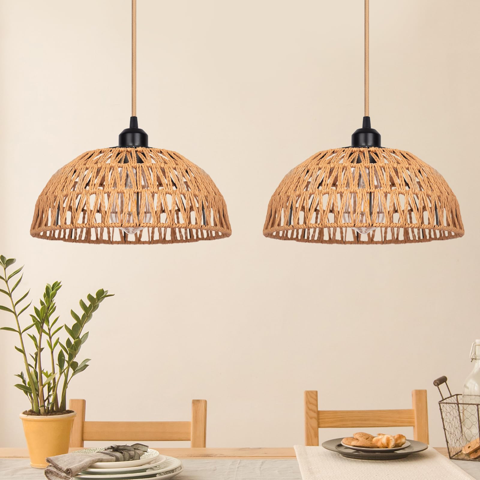 Rattan Pendant Light Fixtures 2 Packs, Boho Woven Basket Pendant Light, Handmade Wicker Hanging Lamp, Rattan Chandelier for Kitchen Island, Dining Room, Living Room, Bedroom, E26 Base