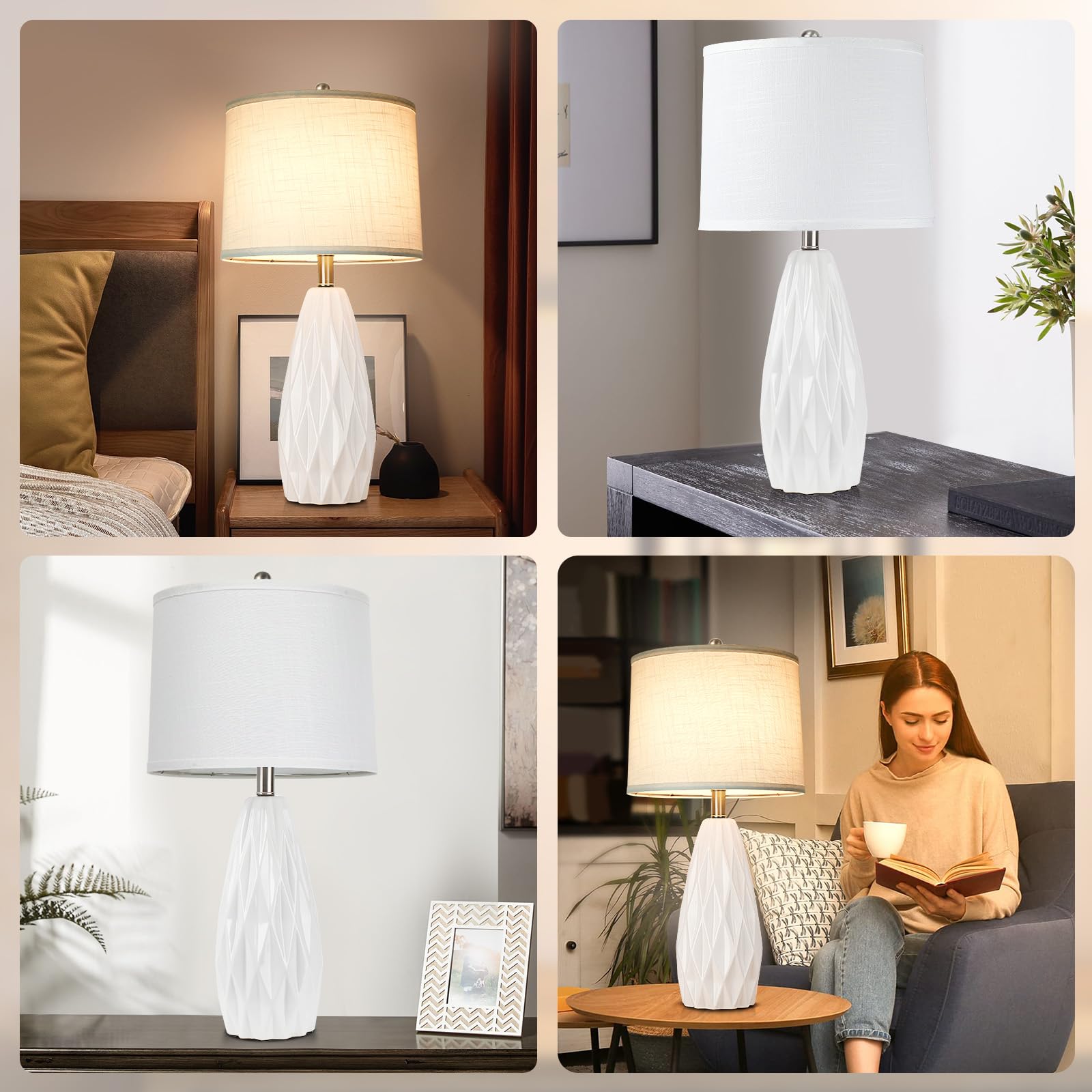 Table Lamp 25", Bedside Lamps for Bedroom Ceramic Desk Lamp White Lamp for Living Room End Table Lamps | 3-Way Dimmable Tall Nightstand Lamps Modern Geometric Lamp for Farmhouse Office(Bulb Included)