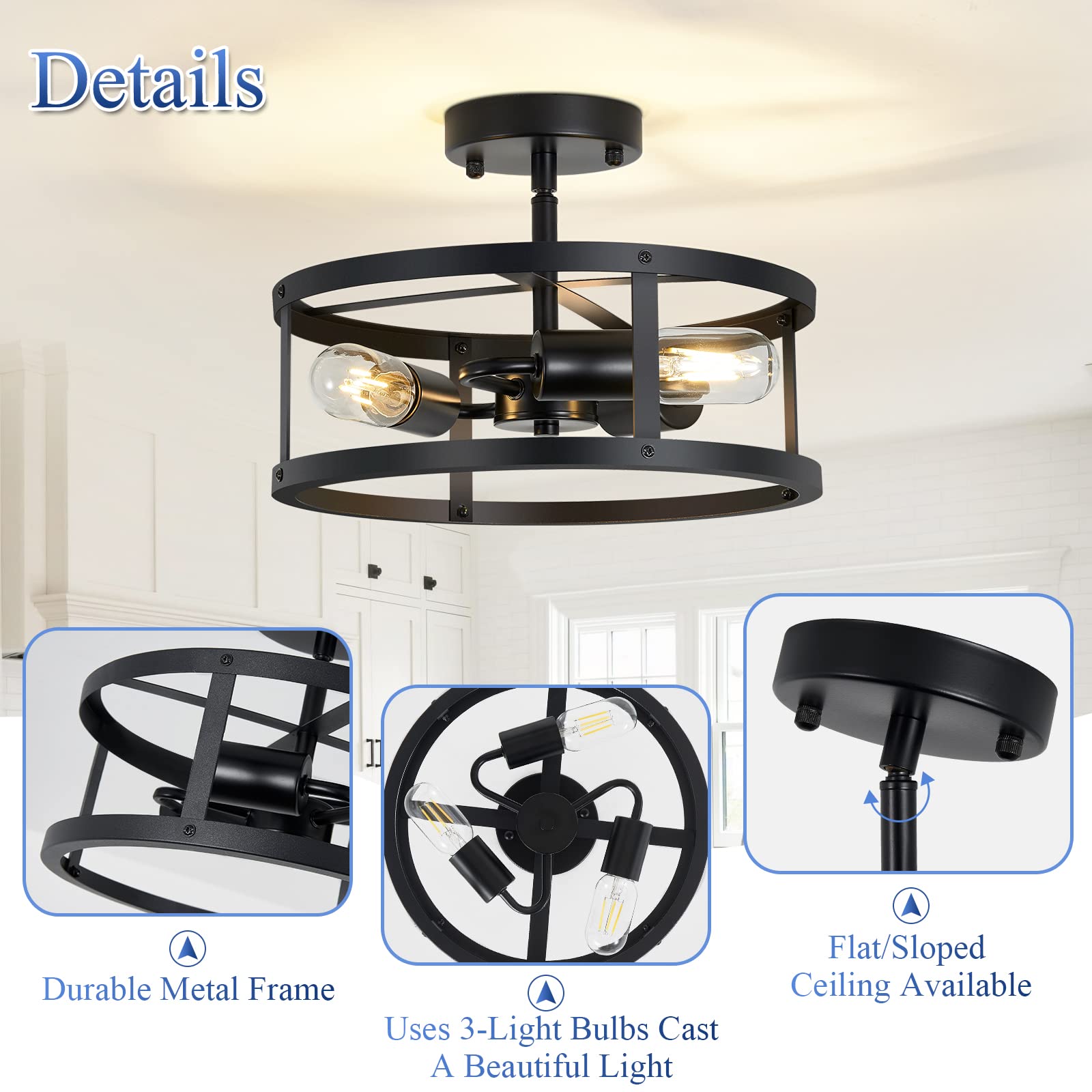 3-Light Semi Flush Mount Ceiling Light,Farmhouse Flush Mount Light Fixture,Industrial Ceiling Light Black Metal Cage Ceiling Lighting for Kitchen Foyer Hallway Entryway 2 Pack