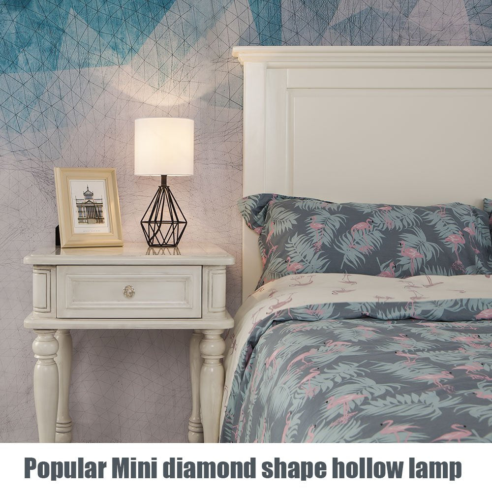 Gold Modern Hollow Out Base Bedroom Small Table Lamp,Bedside Nightstand Lamp with Geometric Metal Base White Fabric Shade,Cute Desk Lamp for Kids Living Room