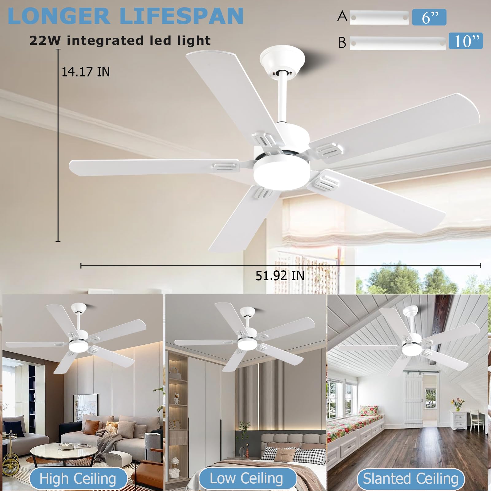 52 inch Modern White Ceiling Fans with Lights APP/Remote Control, Low Profile Reversible 6 Speeds Ceiling Fan Light for Indoor/Outdoor Patio Bedroom Living Room