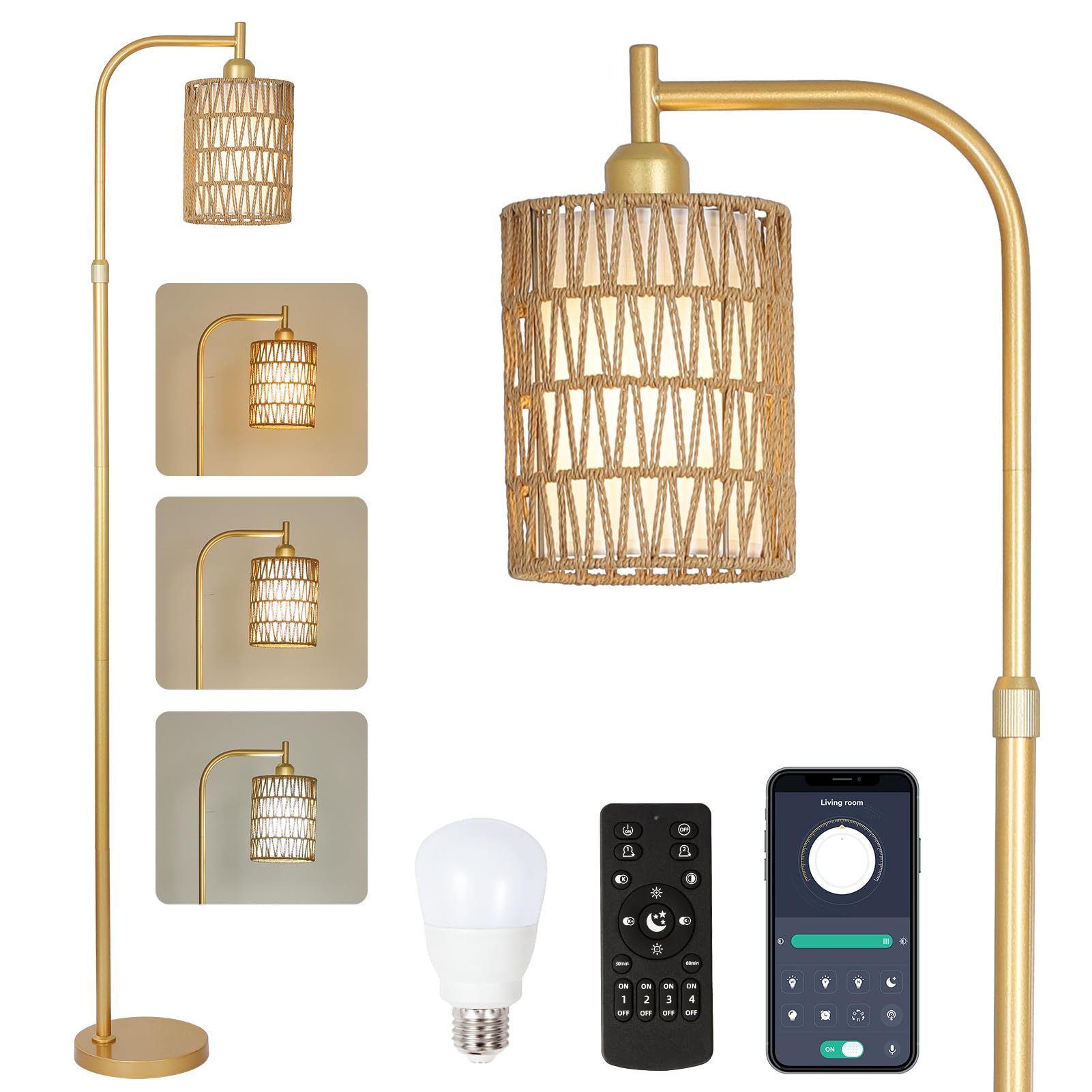 Modern Gold Floor Lamps for Living Room, Boho Rattan Floor Lamp with Remote & Dimmable LED Bulb, Farmhouse Standing Lamp with Rattan Shades, Minimalist Tall Pole Lamp for Bedroom Office