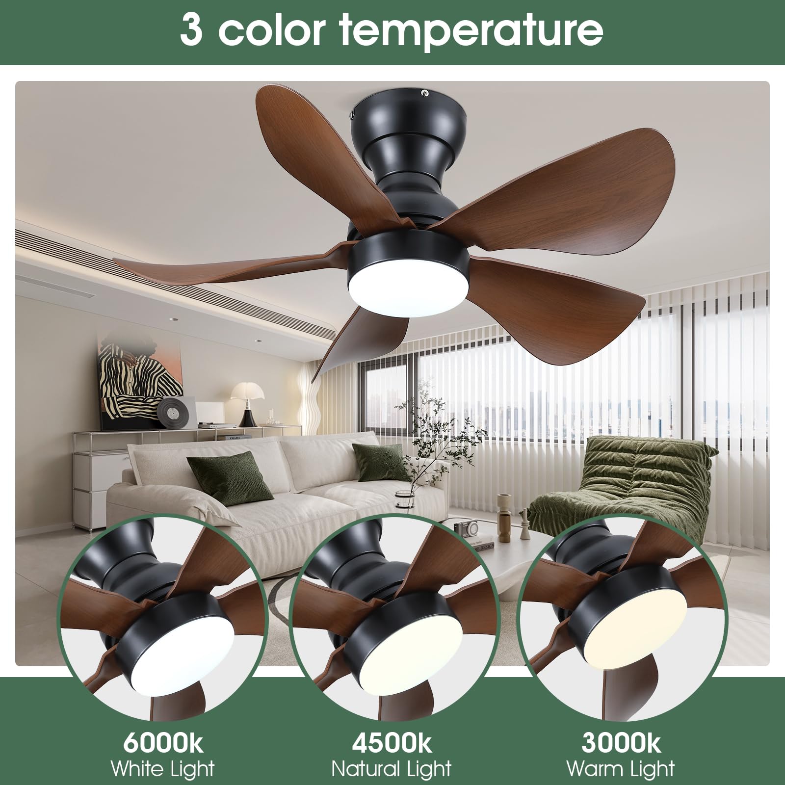 Ceiling Fans with Lights and Remote/APP Control, 30 inch Low Profile Ceiling Fans with 5 Reversible Blades 3 Colors Dimmable 6 Speeds Ceiling Fan for Bedroom Kitchen Dining Room, White