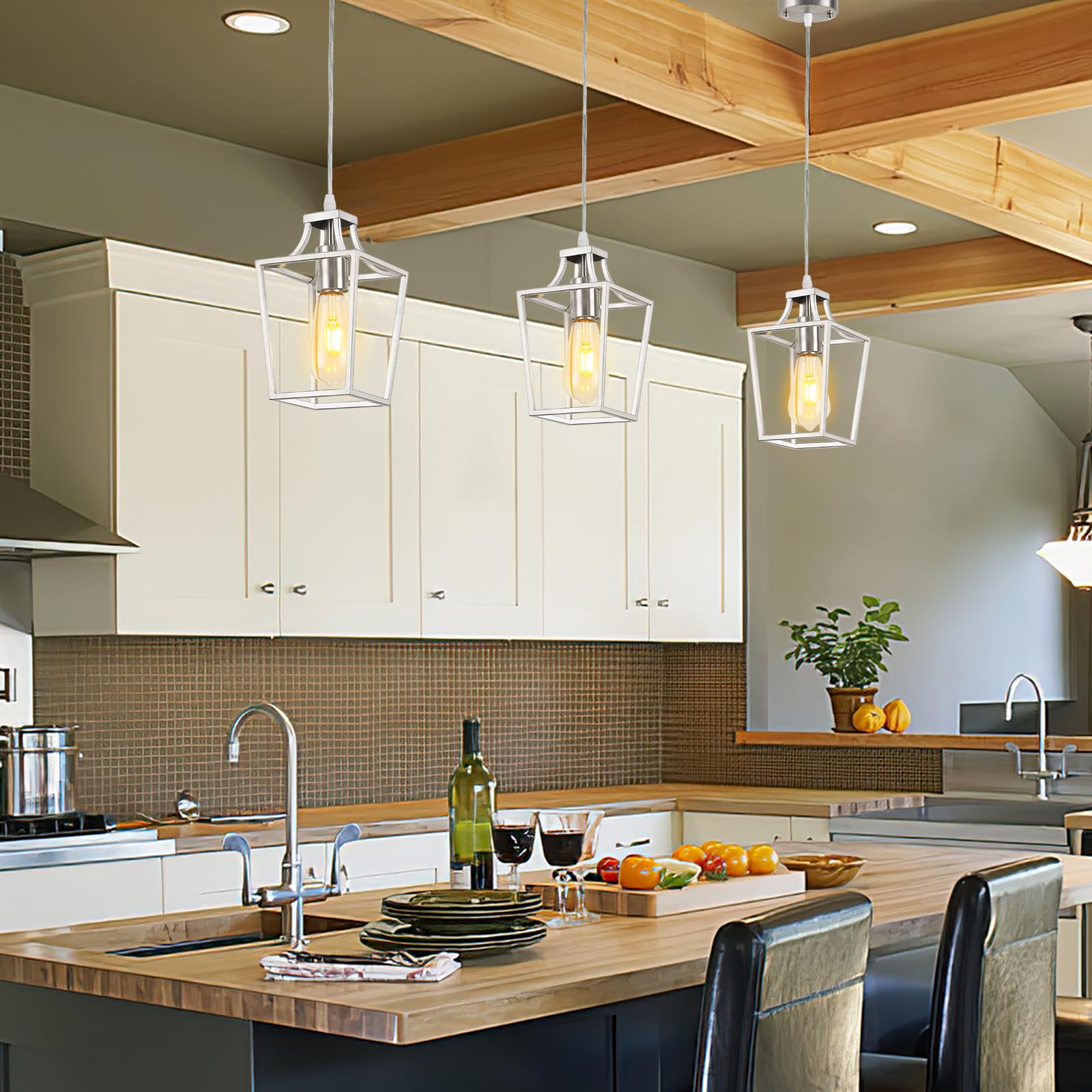 Farmhouse Kitchen Island Lighting Black Pendant Light Fixtures 4-Light Dining Room Lights Wood Chandelier Adjustable Hanging Pendant Lighting for Kitchen Island