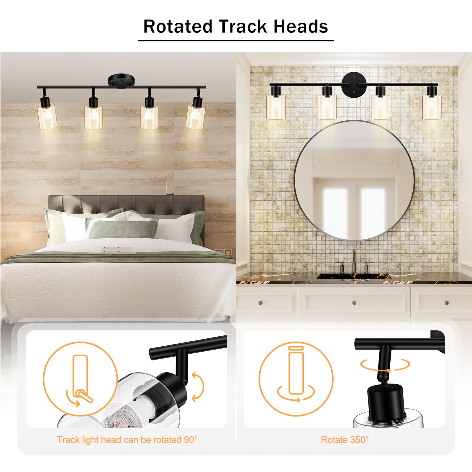 4 Light Led Track Light,Glass Lightshade Track Lighting Kits,4 Way Modern Ceiling Spot Lights for Kitchen,Dining Room,Bedroom,Hallway,Flexibly Rotatable Light Head,Black,Not GU10 Bulb