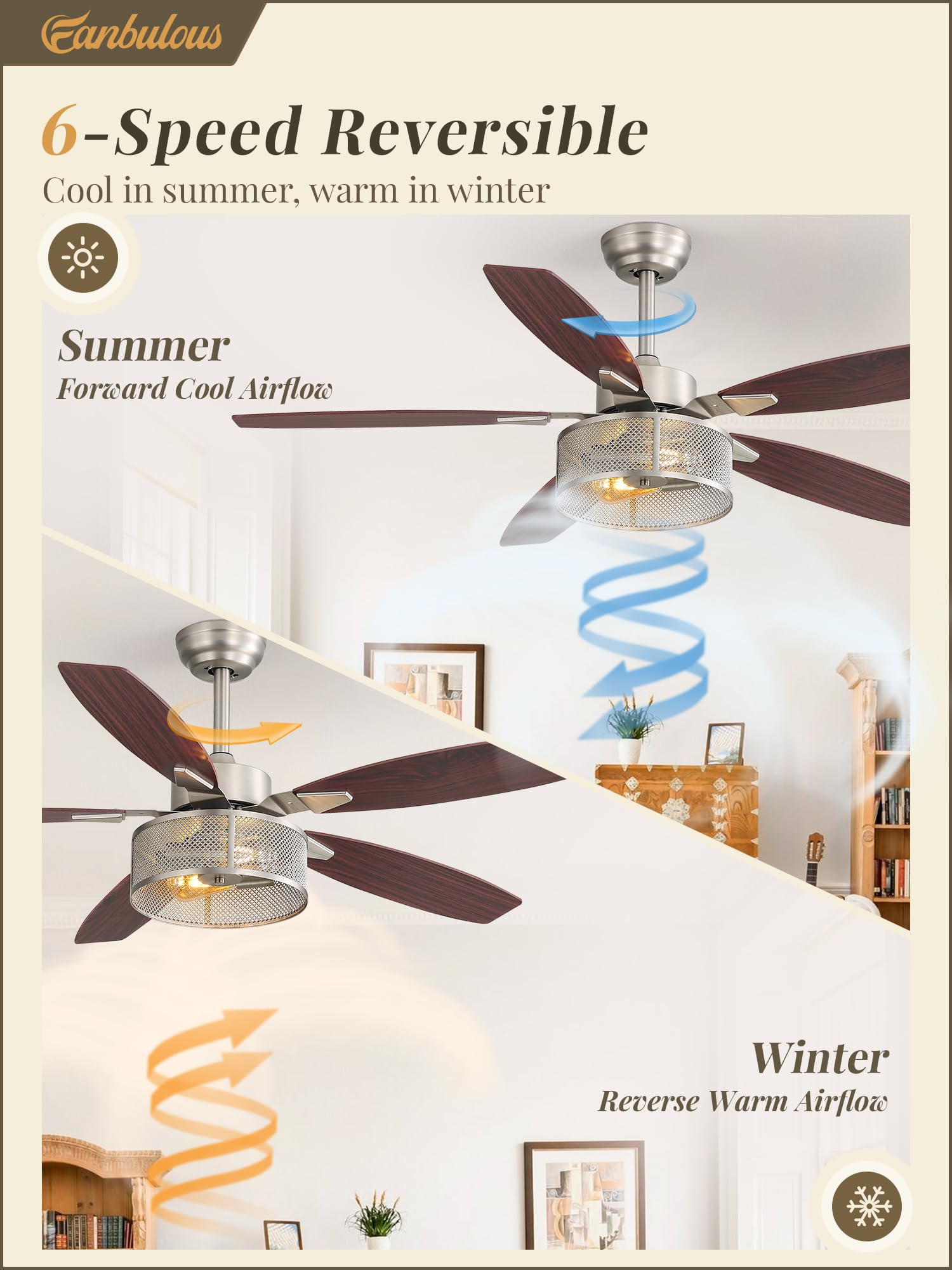 Farmhouse Ceiling Fans with Lights and Remote, 52 Inch Black Industrial Caged Ceiling Fans for Bedroom Living Room Kitchen, 6 Speed Reversible Quiet DC Motor, Dual Finish 5 Blades