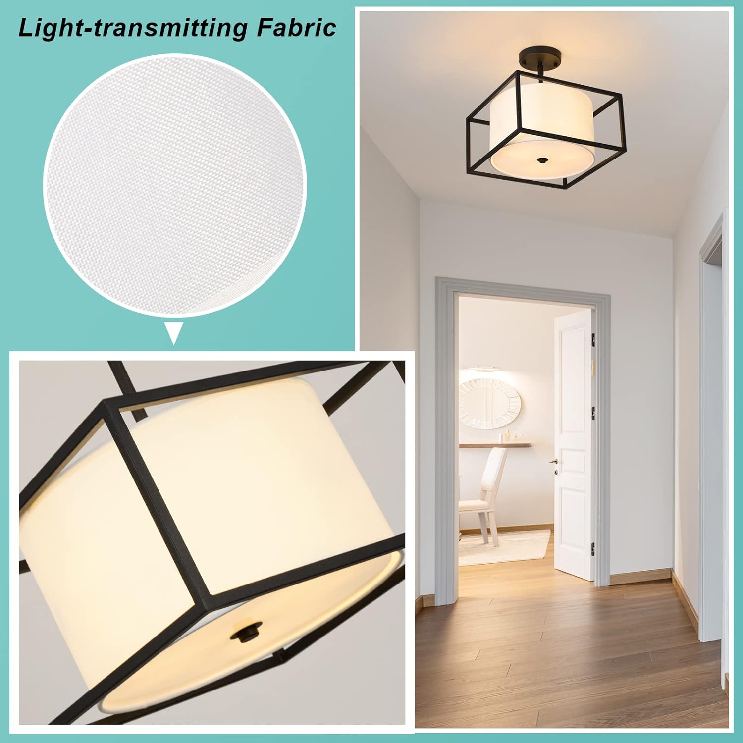 Modern Semi Flush Mount Ceiling Light, Industrial Close to Ceiling Light with Fabric Drum Shade Black Metal Frame,Chandeliers Light Fixtures Ceiling Hanging for Bedroom, Living Room, Kitchen, Hallway