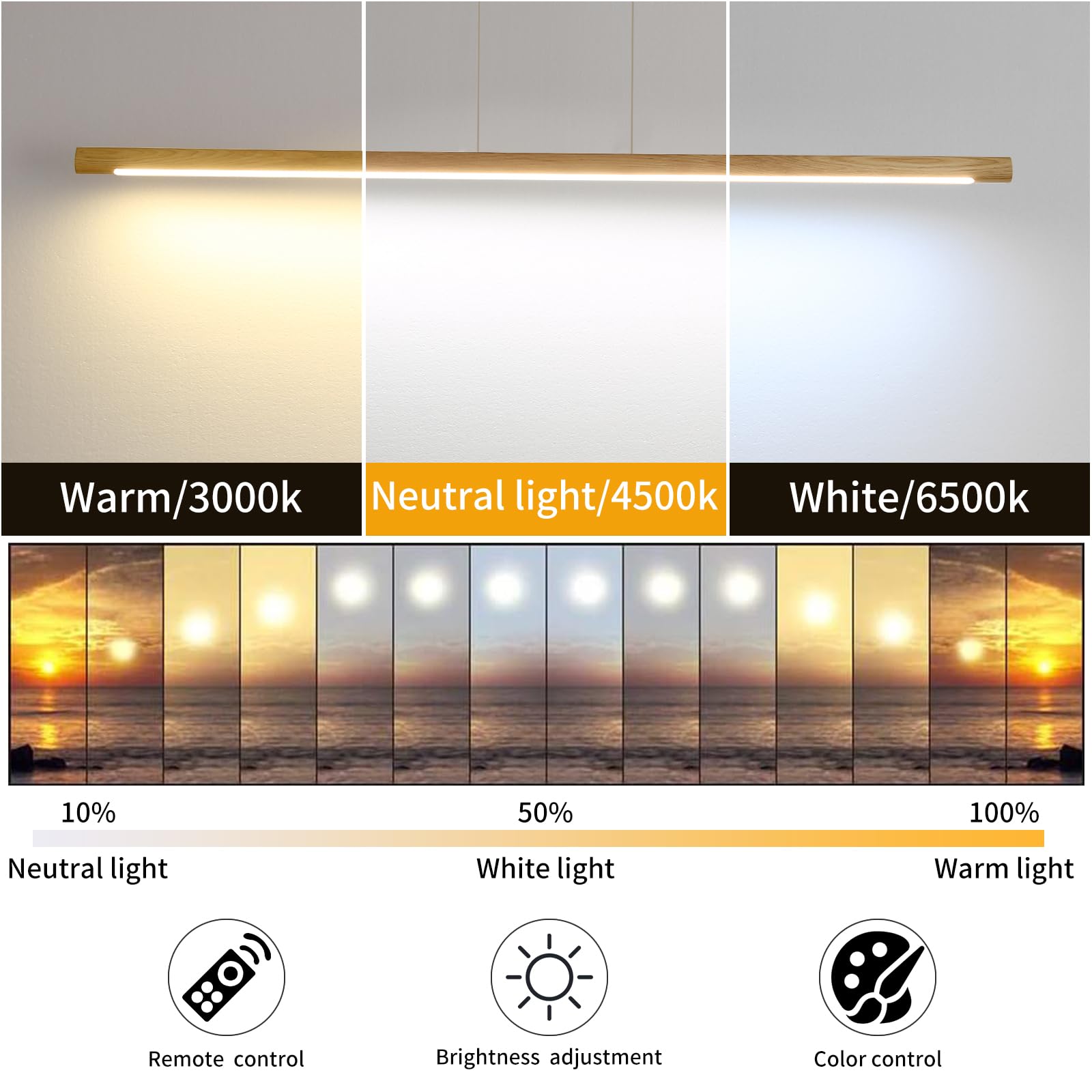 Wooden Linear Pendant Light, 47" Dimmable Pool Table Island Lights for Kitchen, LED Ceiling Pendant Lamp for Dining Room Billiard Room, Adjustable Height，Natural Ash