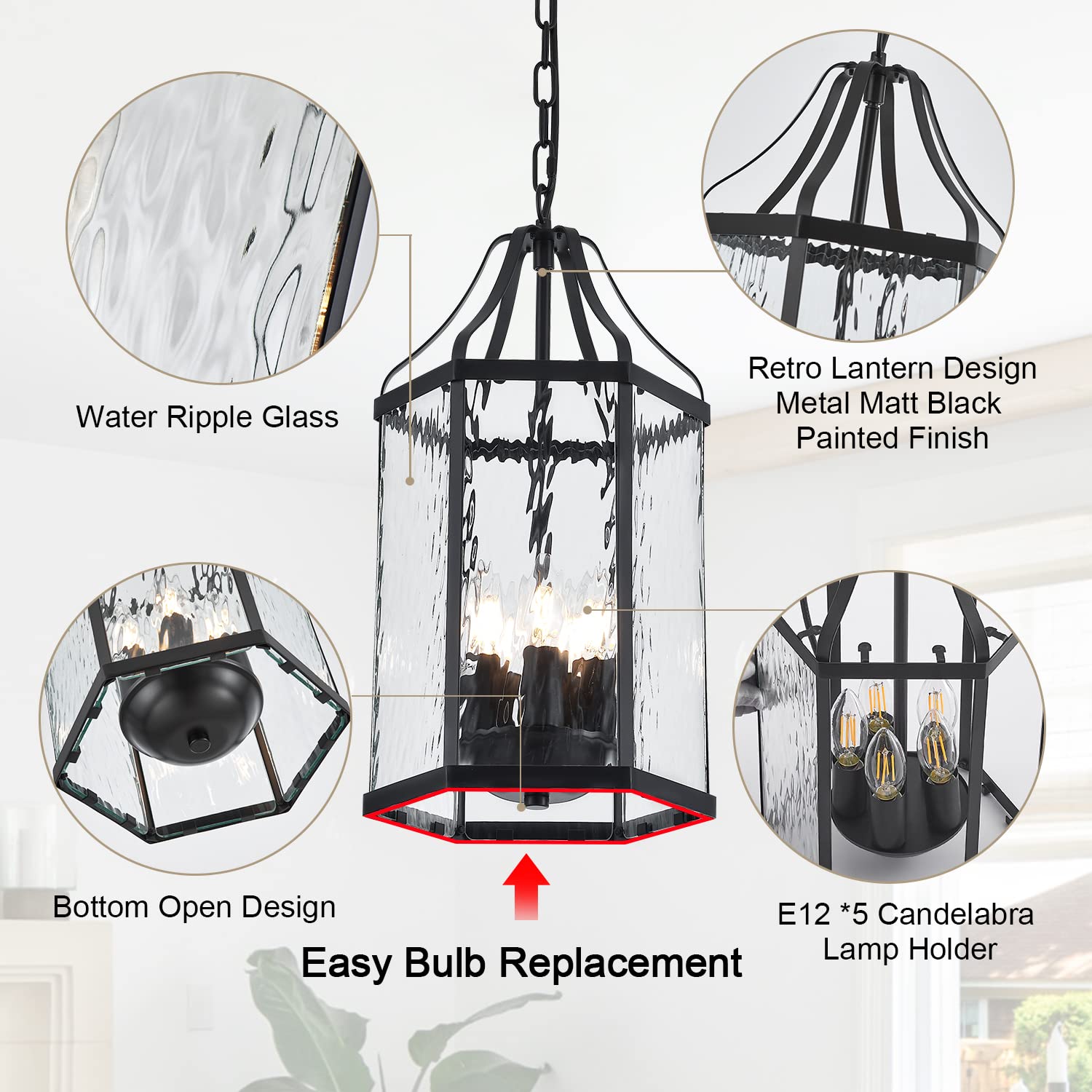 8" Modern 3-Light Exterior Black Lantern Pendant Light Fixture with Clear Rippled Glass Mini Industrial Hanging Cage Chandelier for Outdoor Kitchen Dining Room Hallway Entryway Foyer Porch