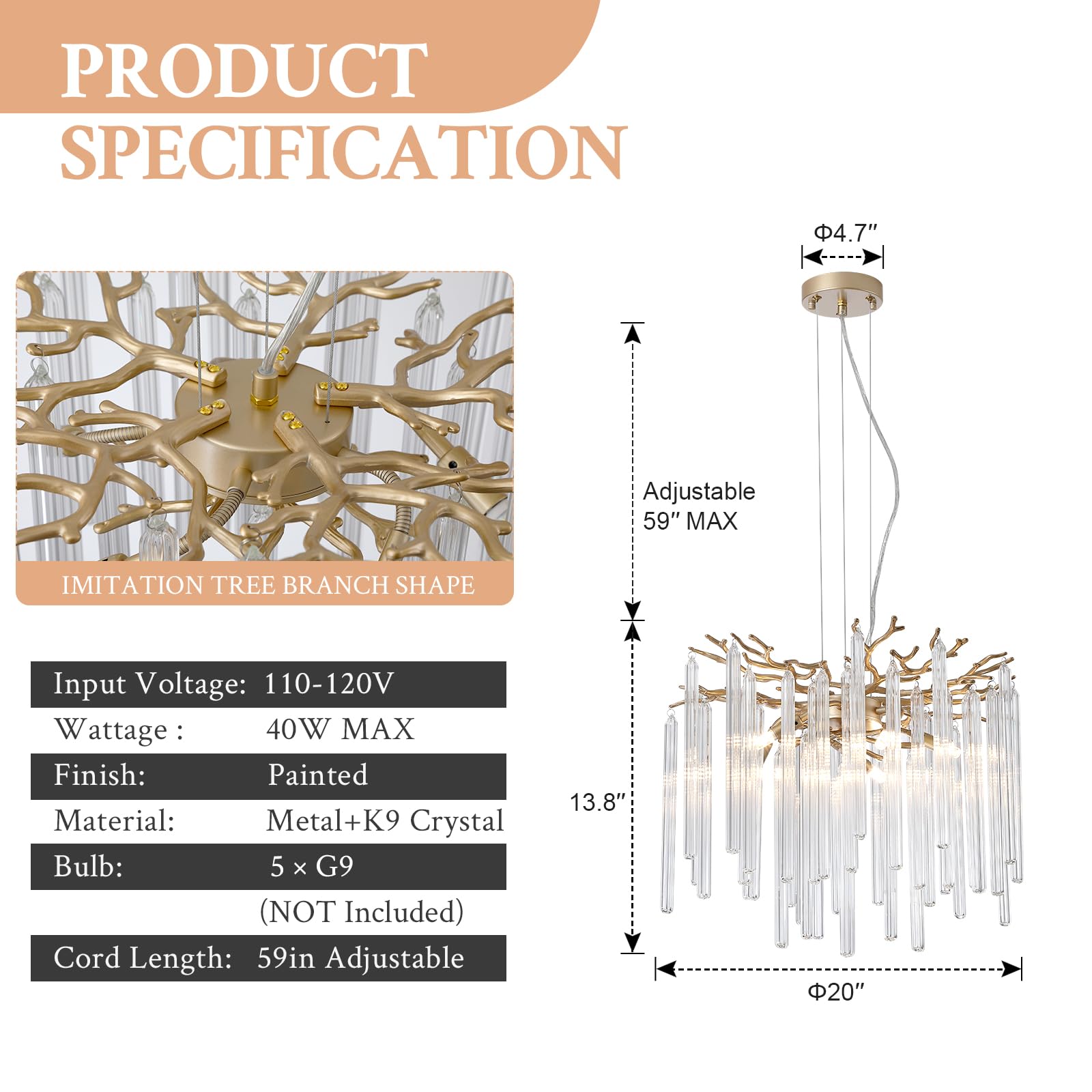 Modern Tree Branch Crystal Chandelier Luxury Gold Raindrop Pendant Lighting 23.6" Contemporary 8-Light Chandeliers for Dining Room Kitchen Bedroom Living Room