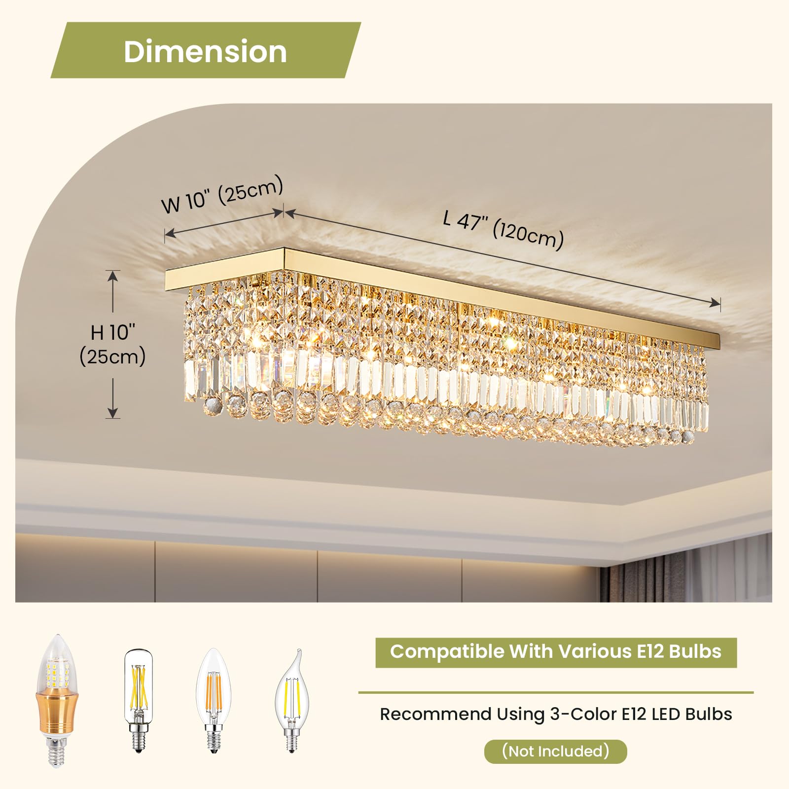 6-Light Modern Crystal Chandelier Rectangular Gold K9 Crystal Raindrop Chandelier for Dining Room, Luxury Adjustable Ceiling Pendant Light for Living Room Kitchen Island L31.5'' x W10'' x H10''