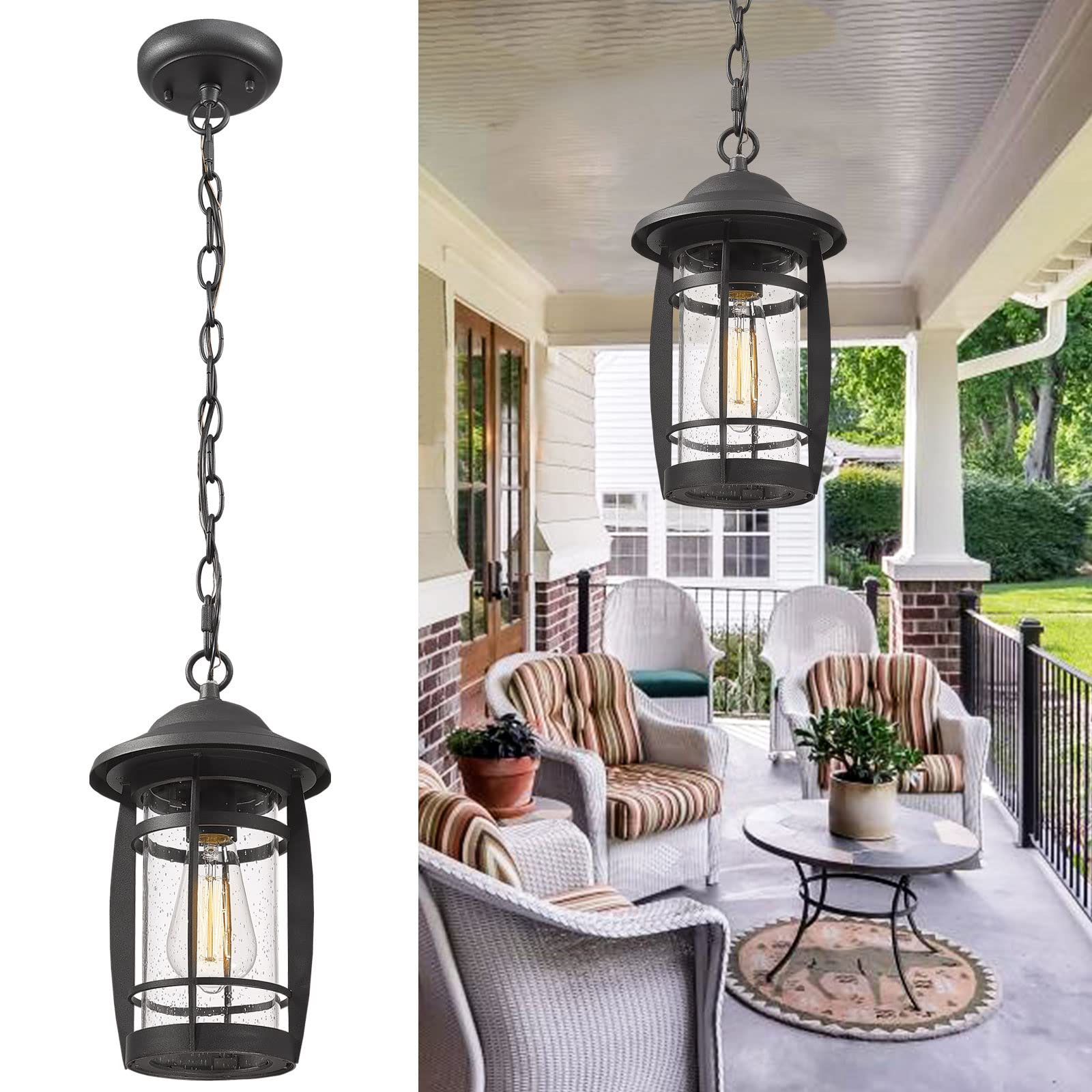 Outdoor Pendant Light for Porch, Exterior Hanging Lantern Outdoor Chandelier in Black Finish for Entryway, Doorway, Farmhouse, Foyer