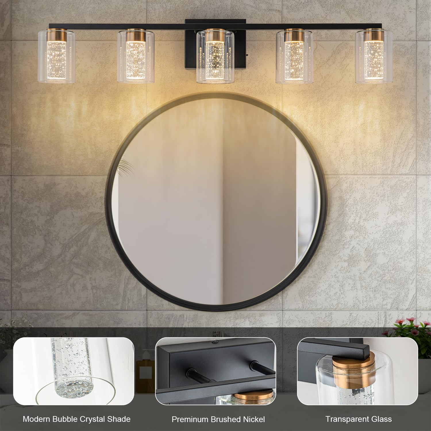 2-Light Brushed Nickel Vanity Light with 3 Color Modes (3000K/4000K/6000K), Eye Protection LED Bathroom Light Fixture, Dimmable Modern Wall Light Over Mirror with Clear Glass Shade