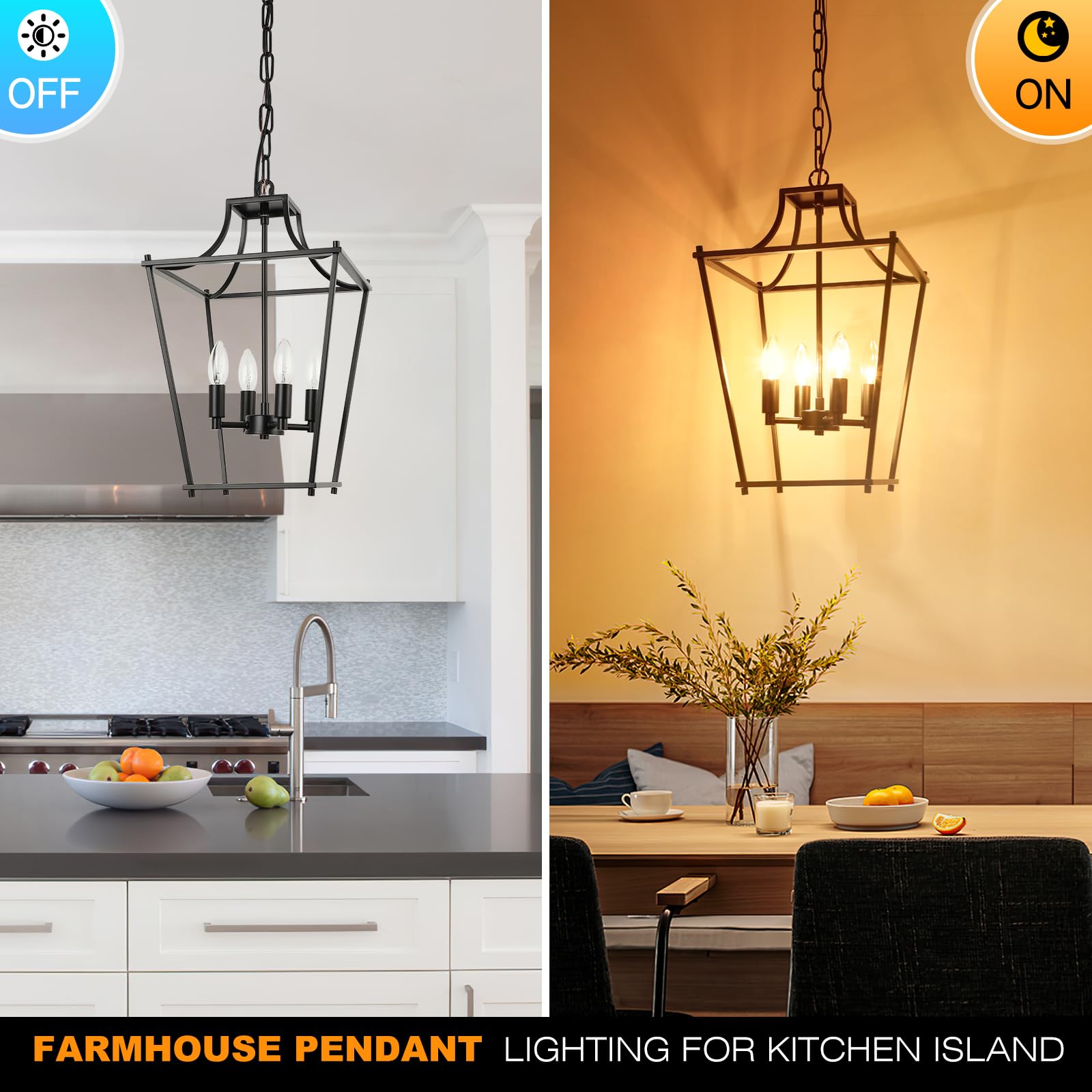 Farmhouse Kitchen Island Lighting Black Pendant Light Fixtures 4-Light Dining Room Lights Wood Chandelier Adjustable Hanging Pendant Lighting for Kitchen Island